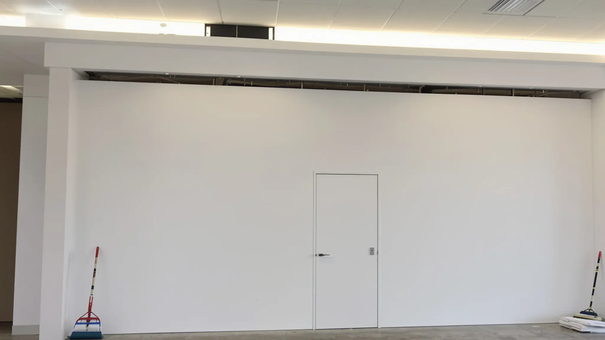 Empty shopping centre tenancy at handback with a white hoarding across the front, a bare slab and the ceiling grid in place