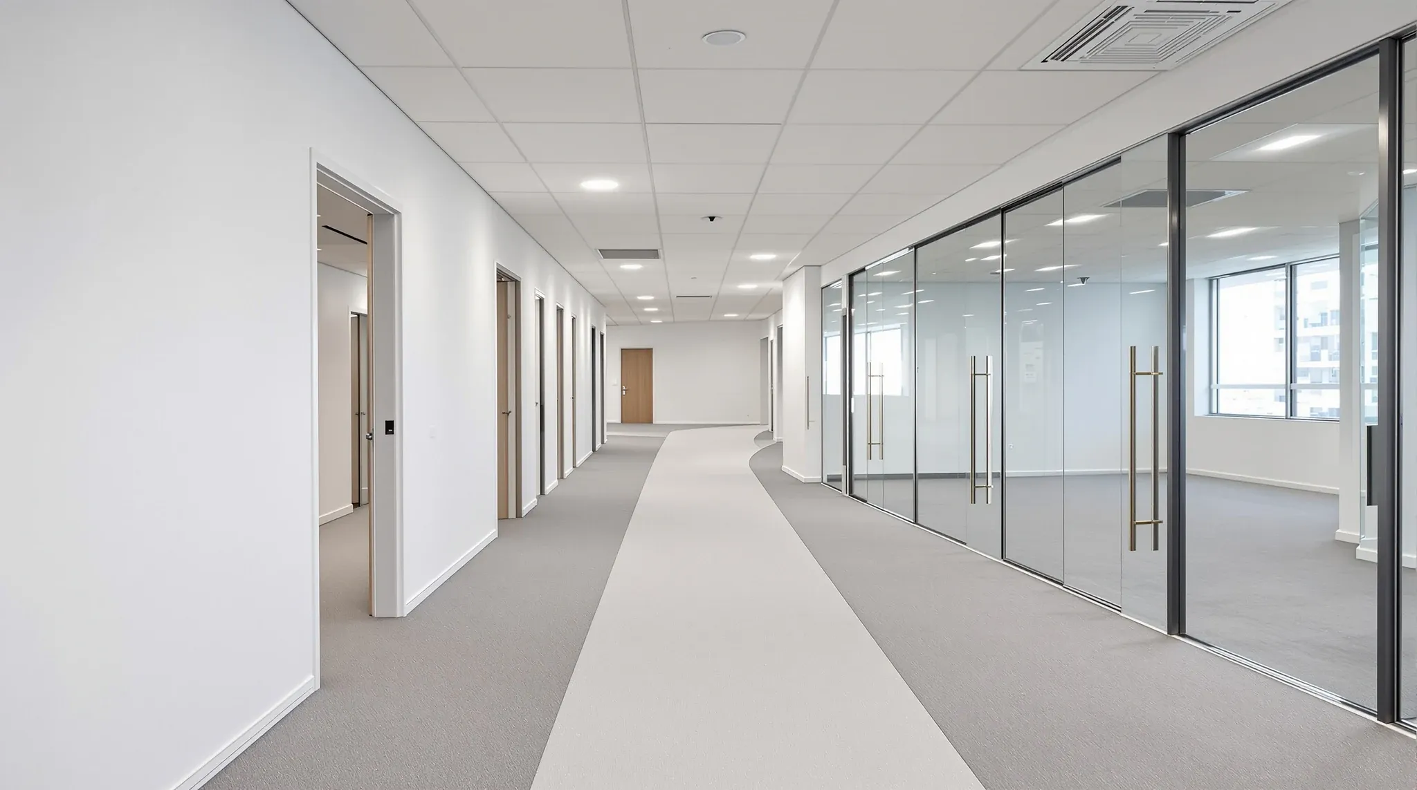A nearly finished office fitout with plasterboard offices on one side and glass meeting rooms on the other