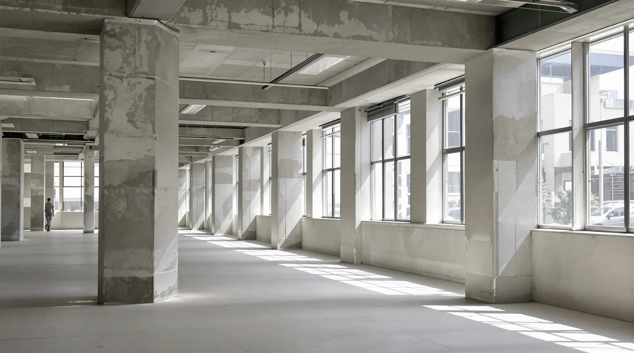 A bare 1960s concrete office floor with columns, an exposed concrete ceiling and steel-framed windows