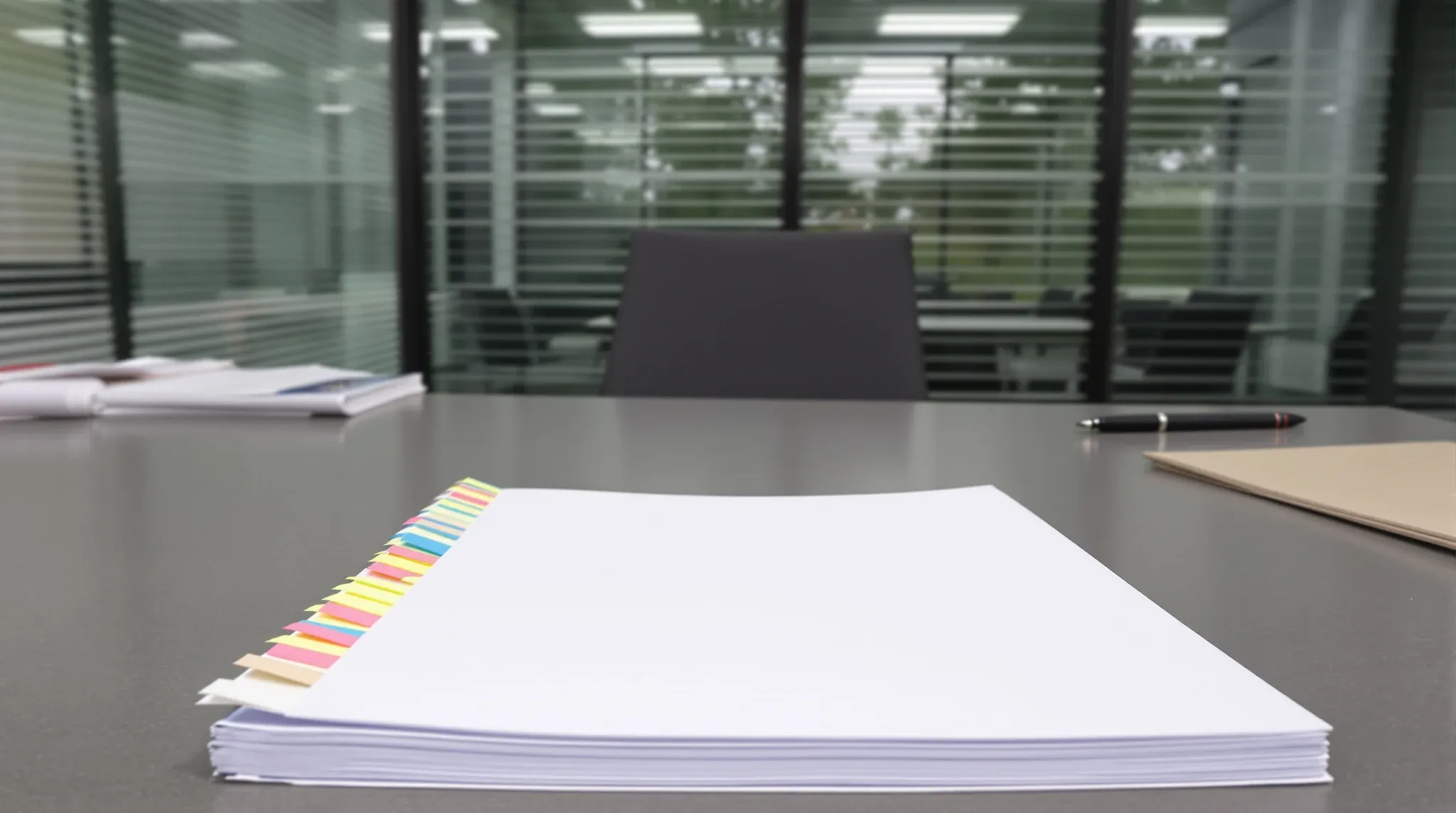 A thick bound document with many coloured sticky tabs on a desk in an office