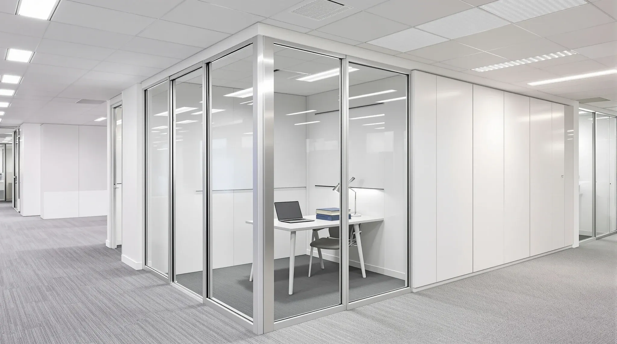 A glass office beside a white storage joinery wall in an ordinary occupied professional office