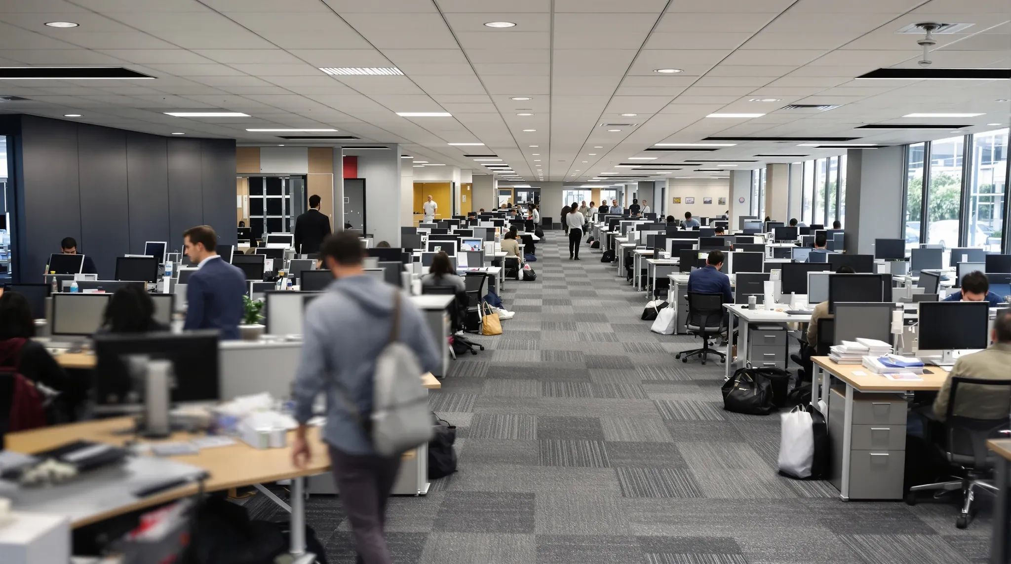 A full office floor on a weekday morning with every desk taken