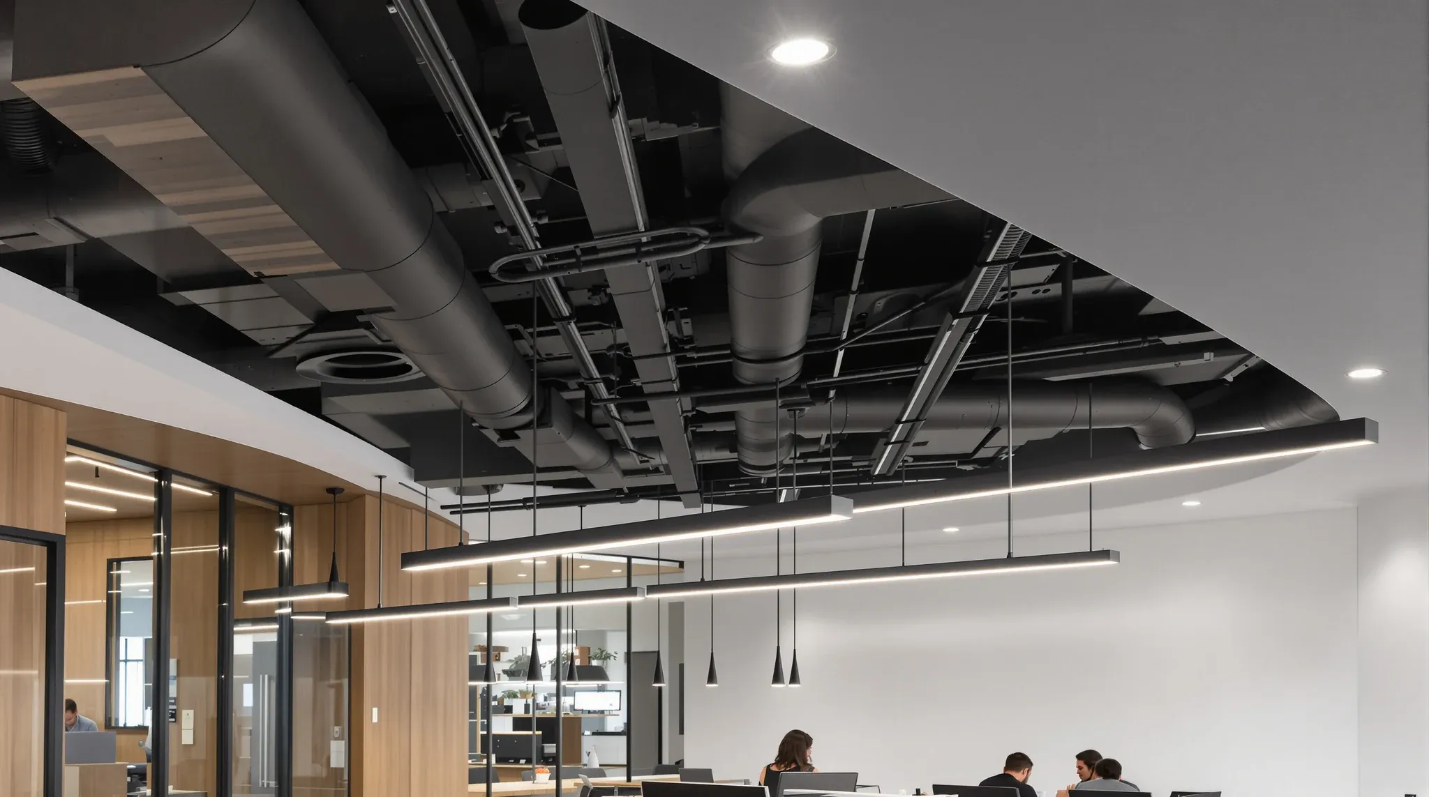 An office with plasterboard bulkheads at the edges and a dark exposed ceiling with services in the centre