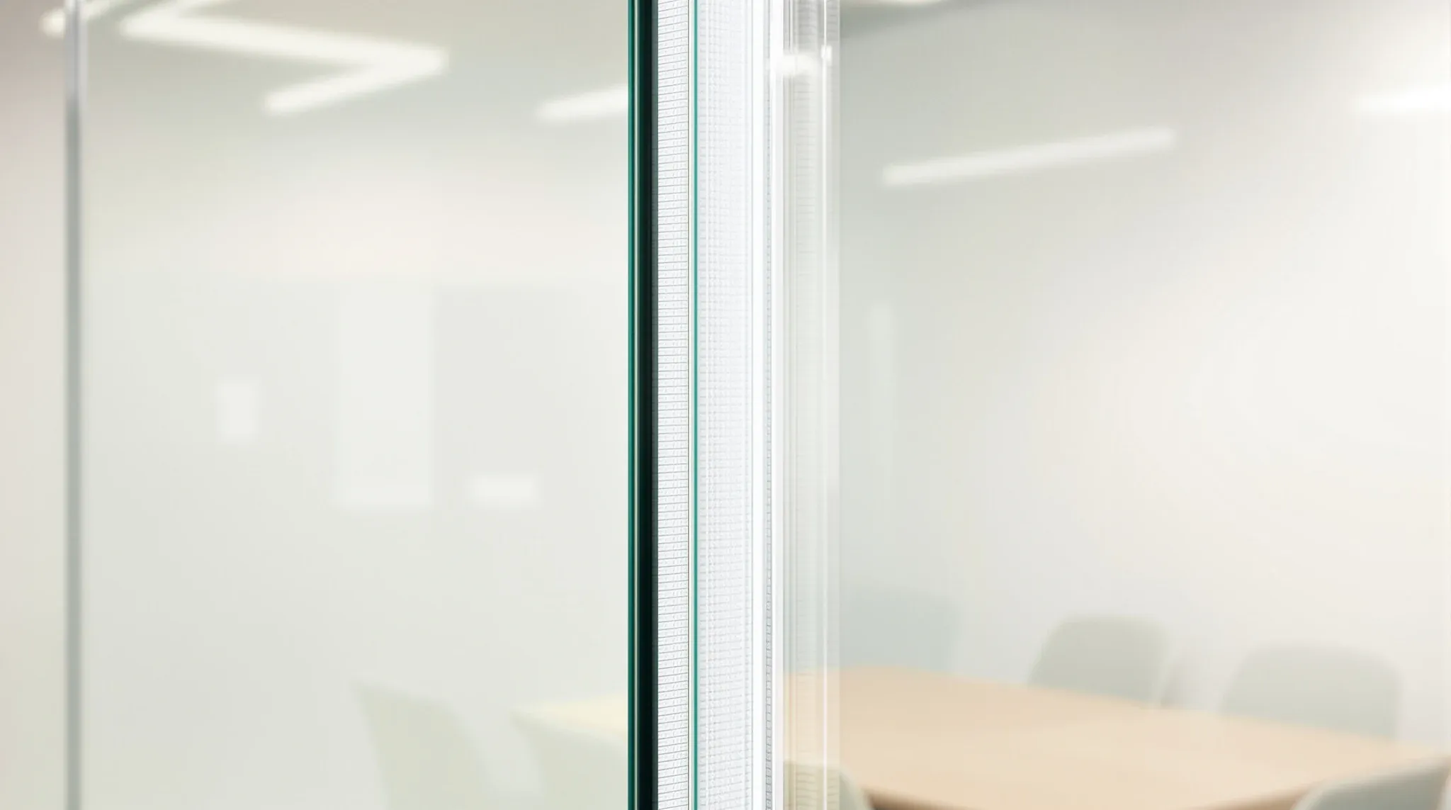Close view along the joint between two frameless glass partition panes held by a clear dry gasket