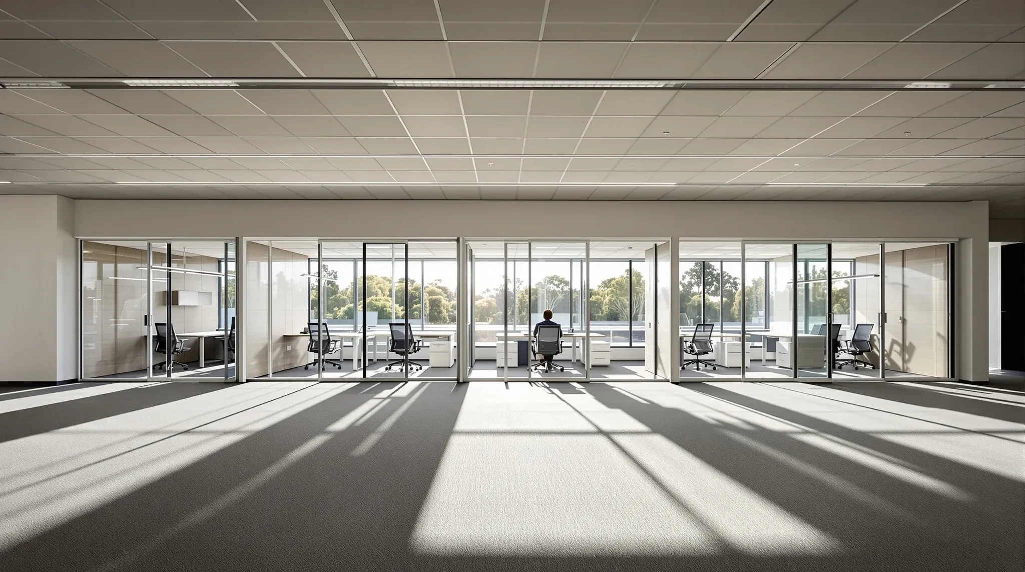 Low sun shining through a row of glass-fronted offices onto desks in the middle of an open-plan floor