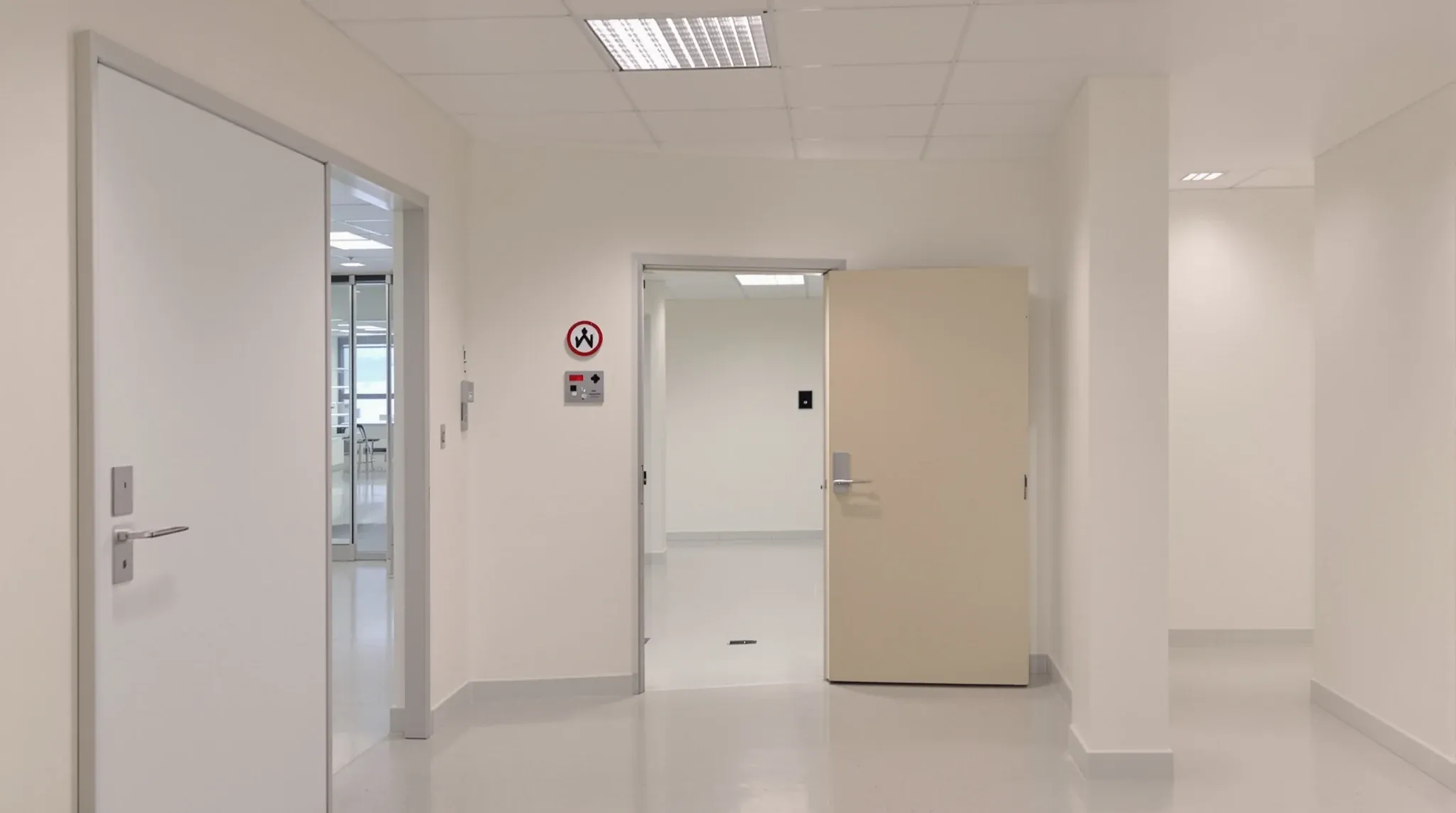 Empty finished imaging room corridor with a wide lead-lined door ajar, no equipment branding