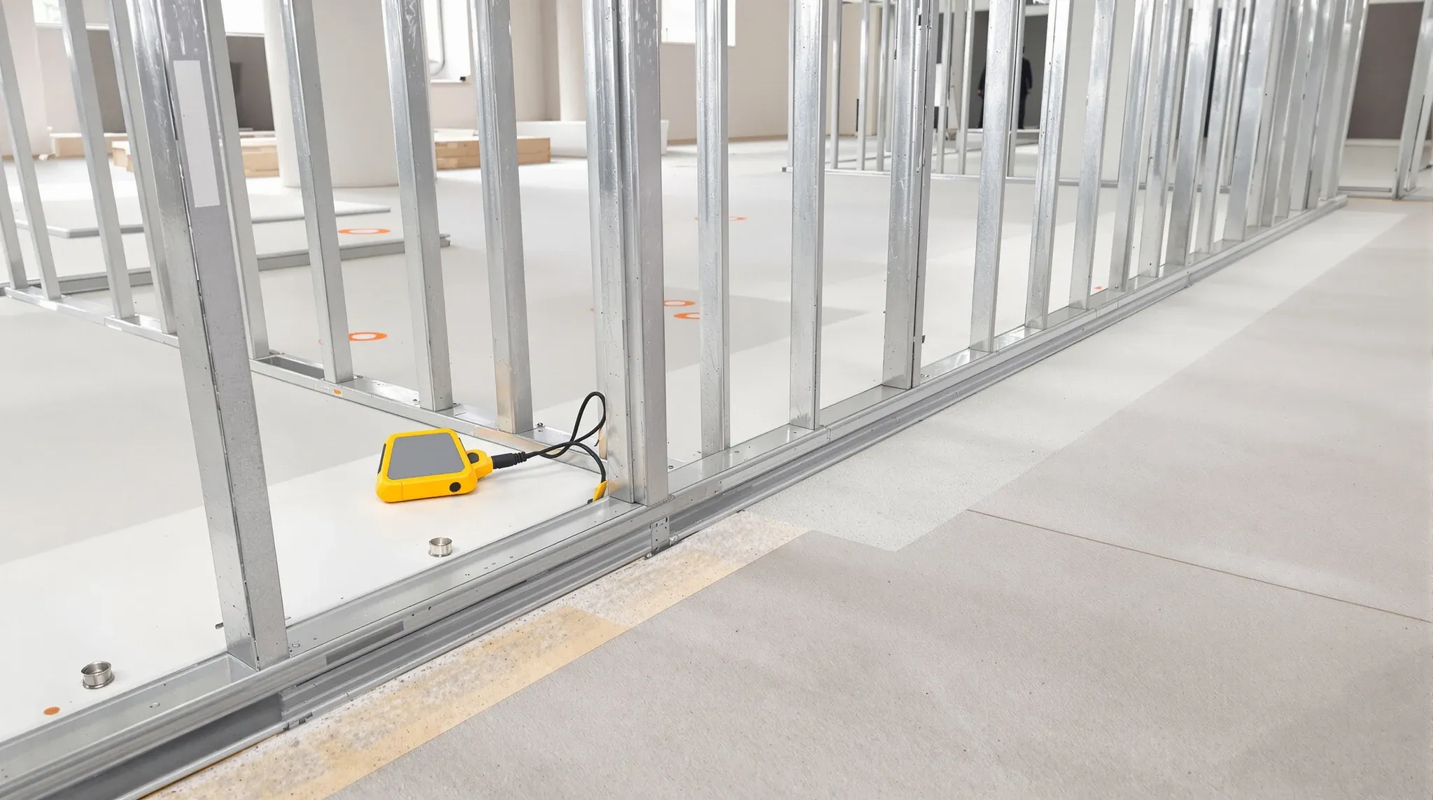 Partition floor track being set out on a bare concrete slab with a scanning device beside the line