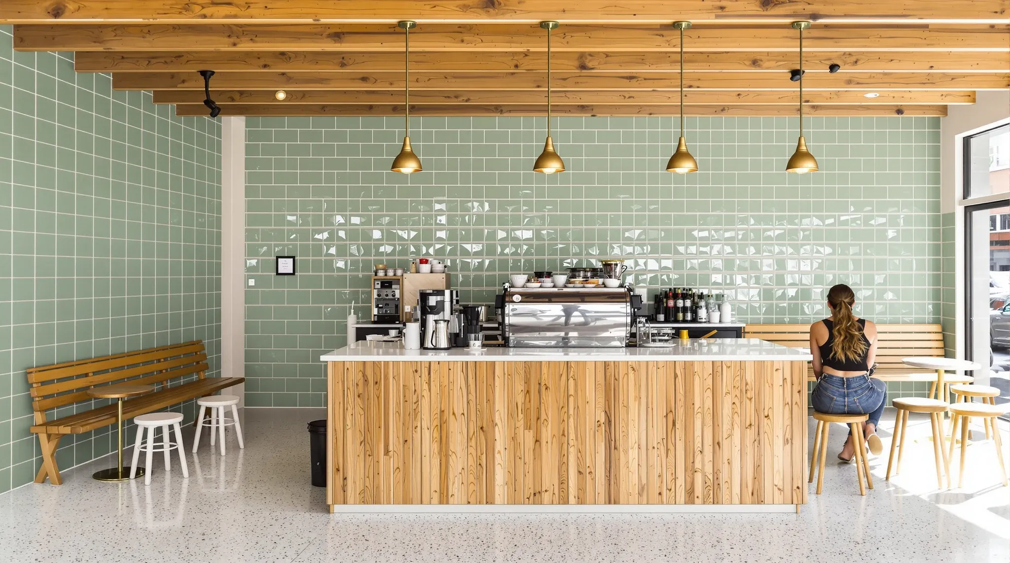 A neighbourhood cafe counter with green tiles and a timber front, one customer seated at the far end