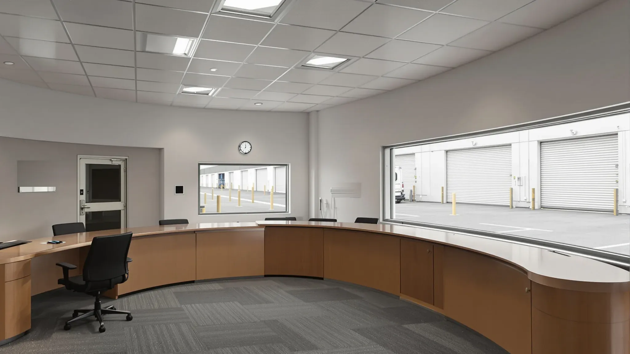 Dispatch control room with a long curved timber console and a wide window onto the loading dock