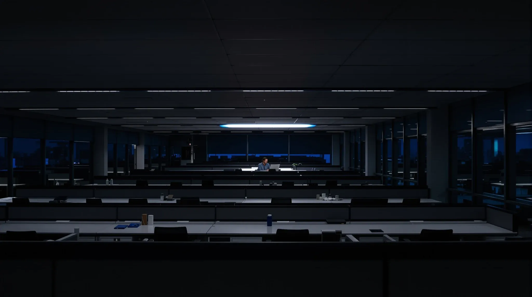 A dark office floor at dusk with lights on over only one cluster of desks where a single person works