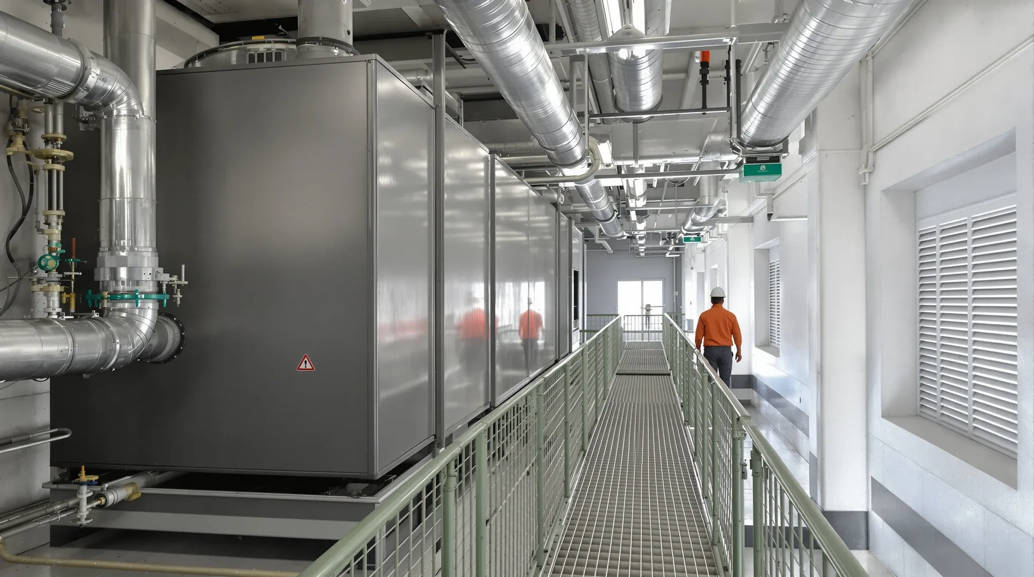 A building plant room with an air handling unit and insulated pipework, one person walking away