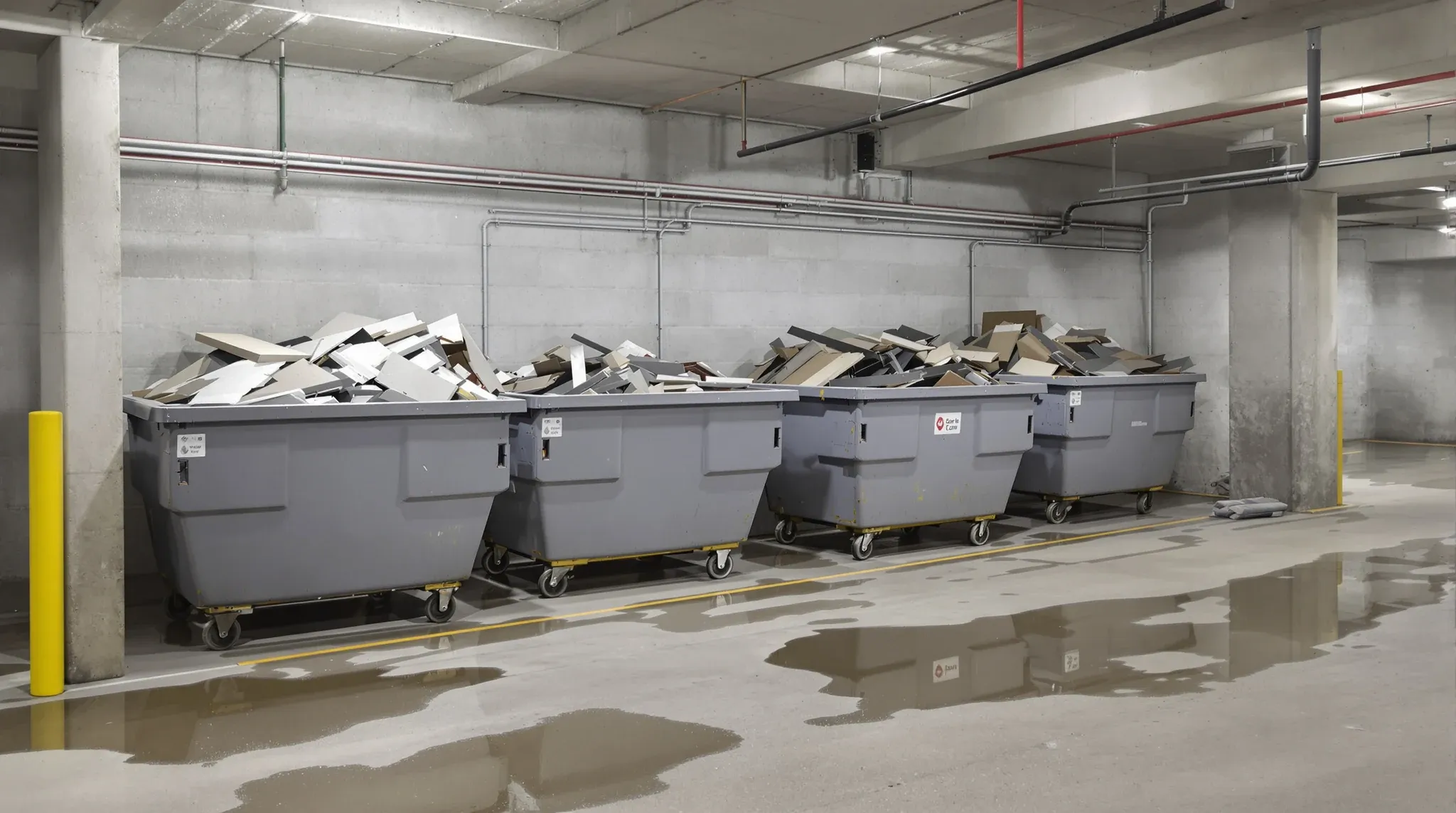 Skip bins full of plasterboard and ceiling tiles lined up in a basement loading dock at night