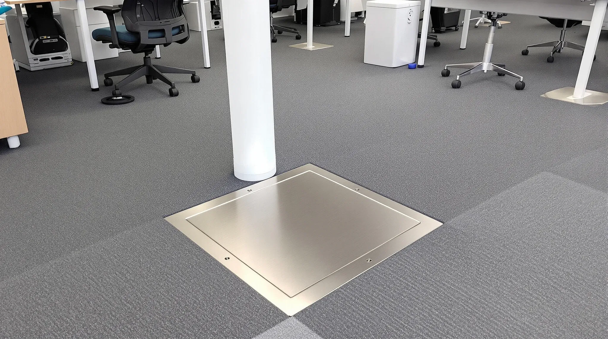 A capped floor box stranded in a carpet walkway after an office layout change