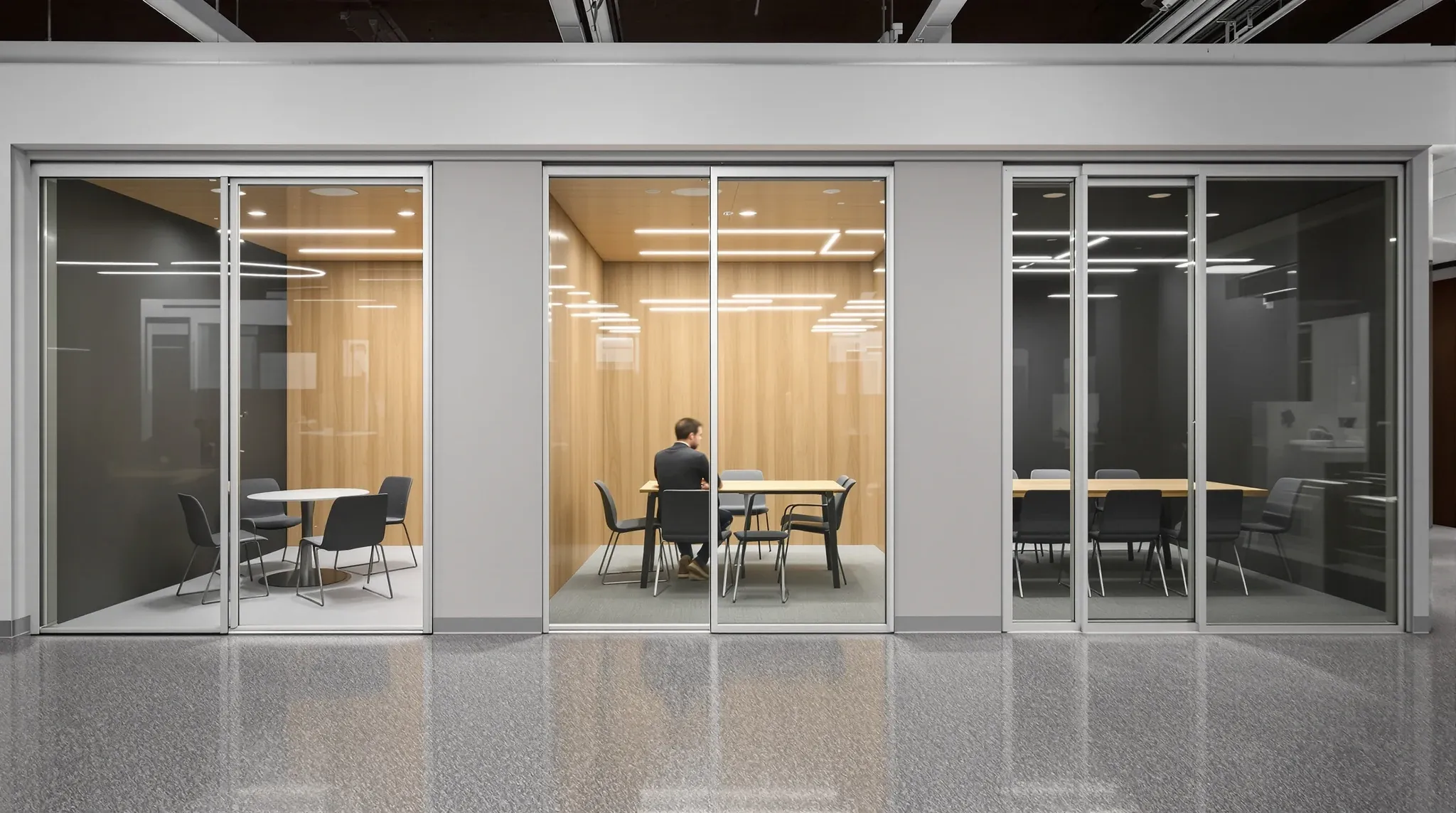 Three glass meeting rooms of different sizes in a row, the middle one lit and in use