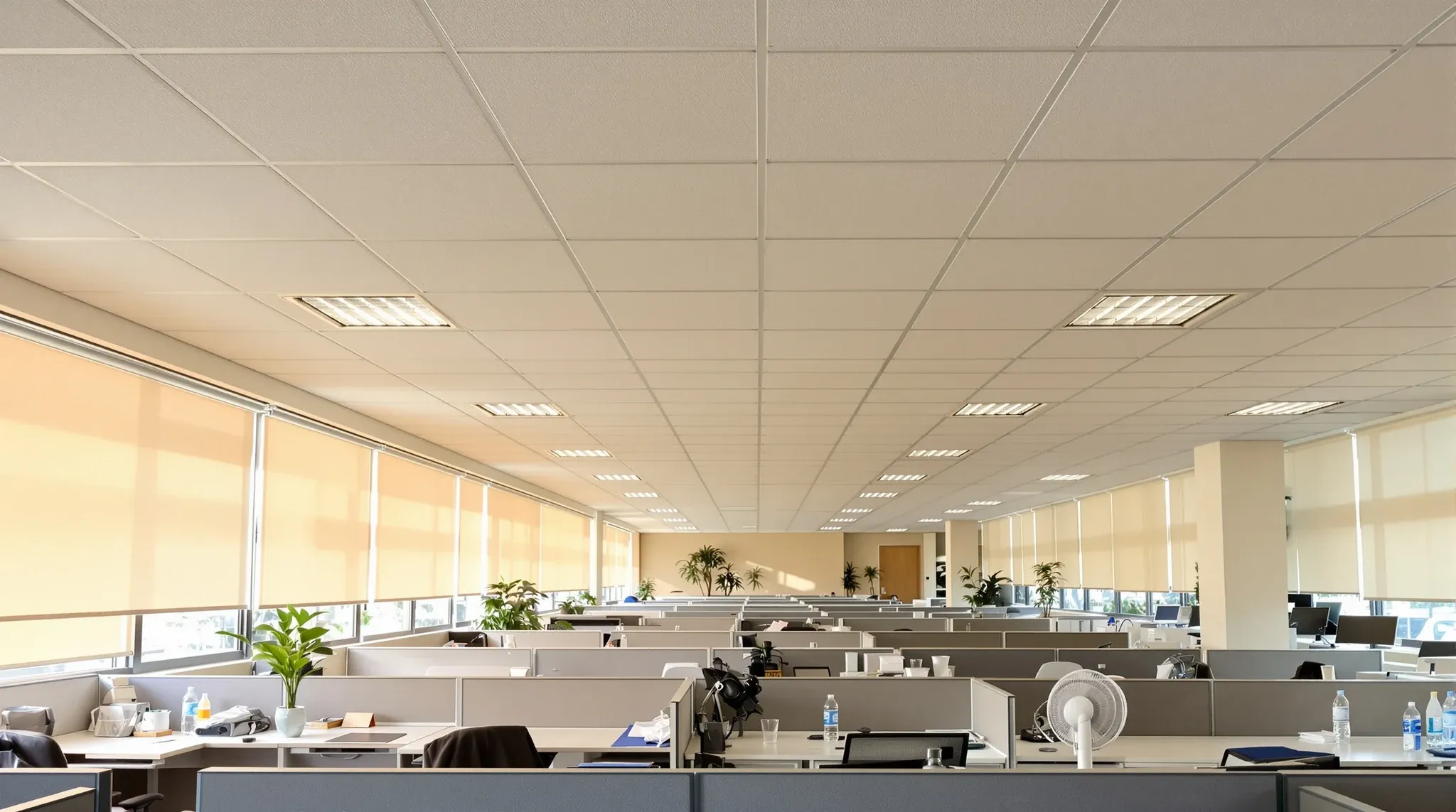 A top-floor office on a hot afternoon, blinds lowered against the sun under a white tile ceiling