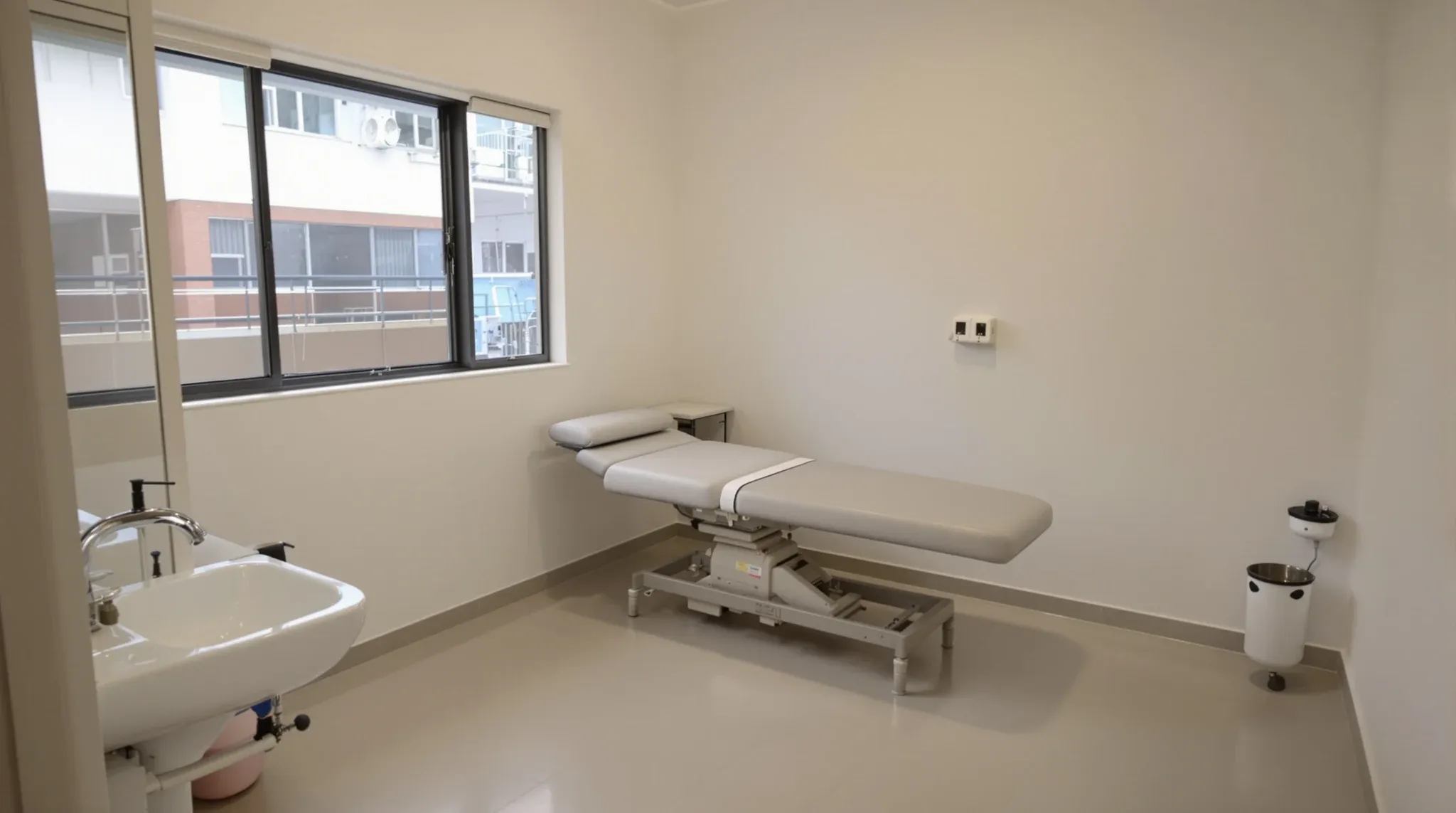 Empty finished treatment room with adjustable treatment table, hand basin, vinyl floor