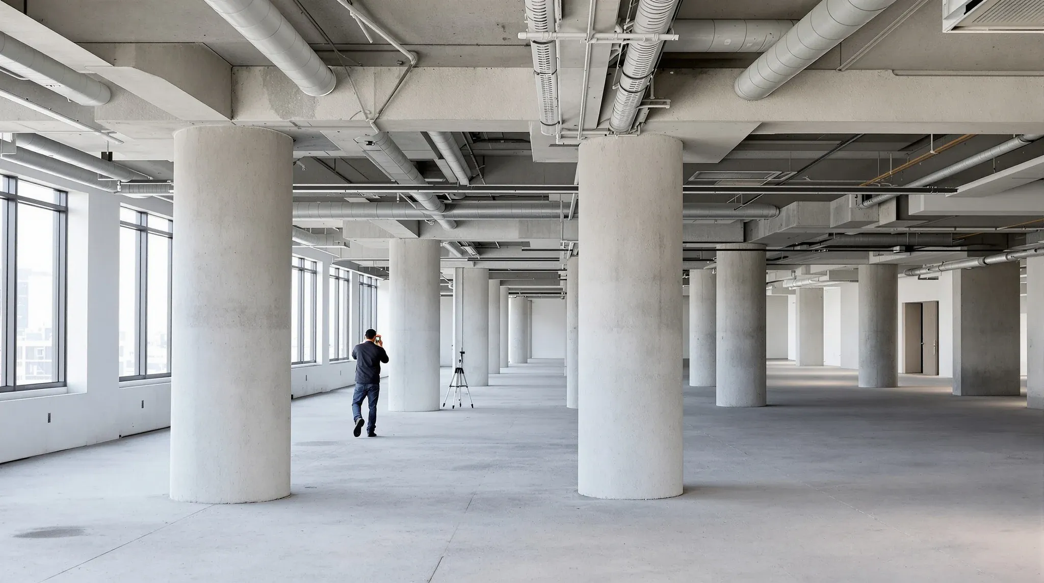 A person seen from behind measuring a bare office floor with a laser measure before a fitout