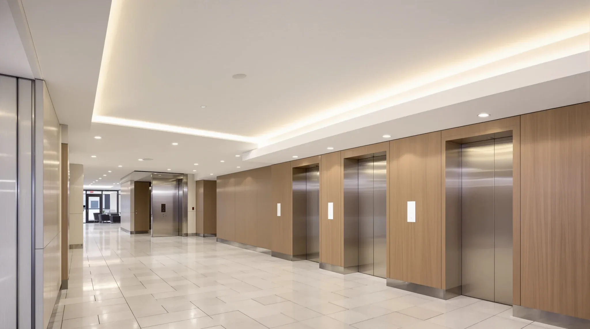 An office lift lobby with a new plasterboard ceiling, cove lighting and timber wall panels