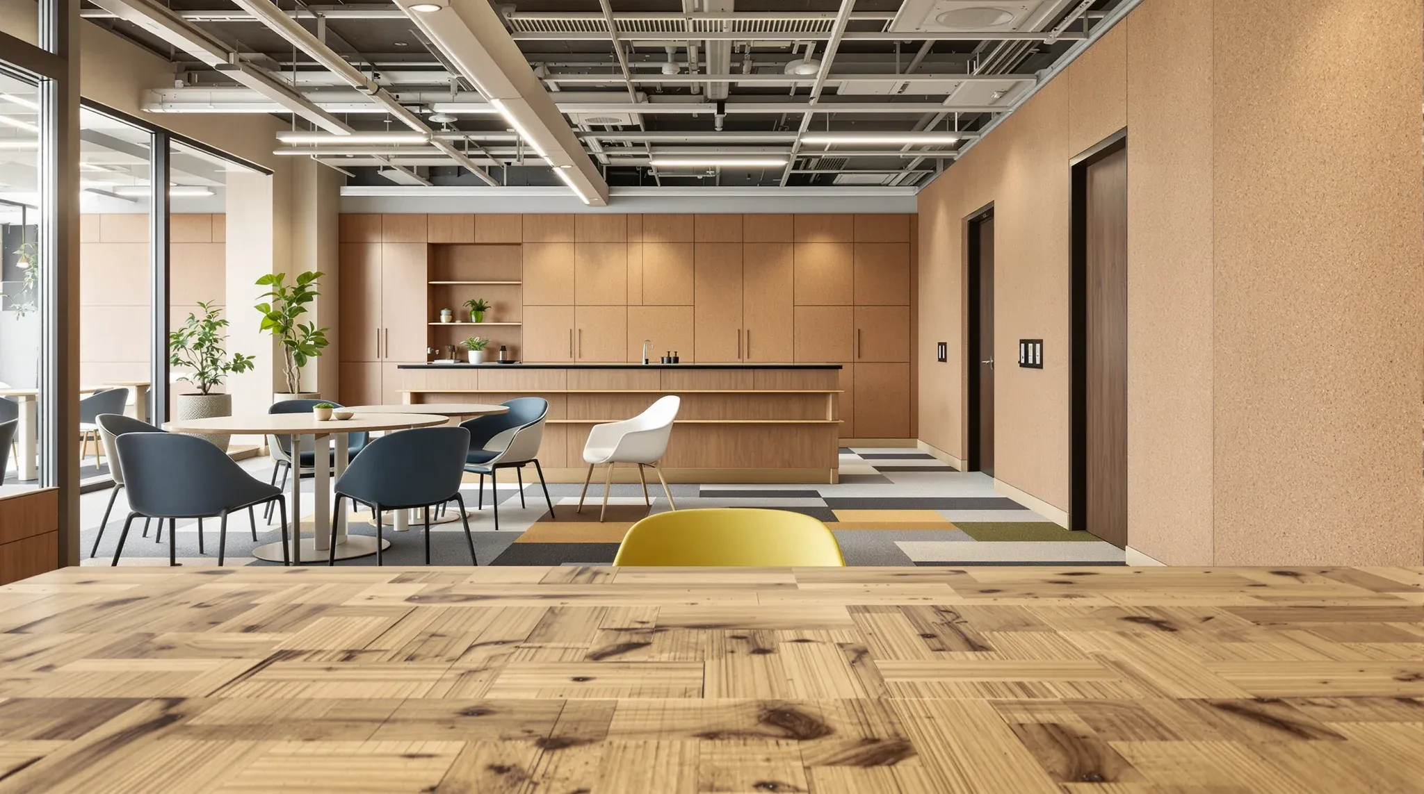 A breakout table made from recycled floorboards with reused chairs behind