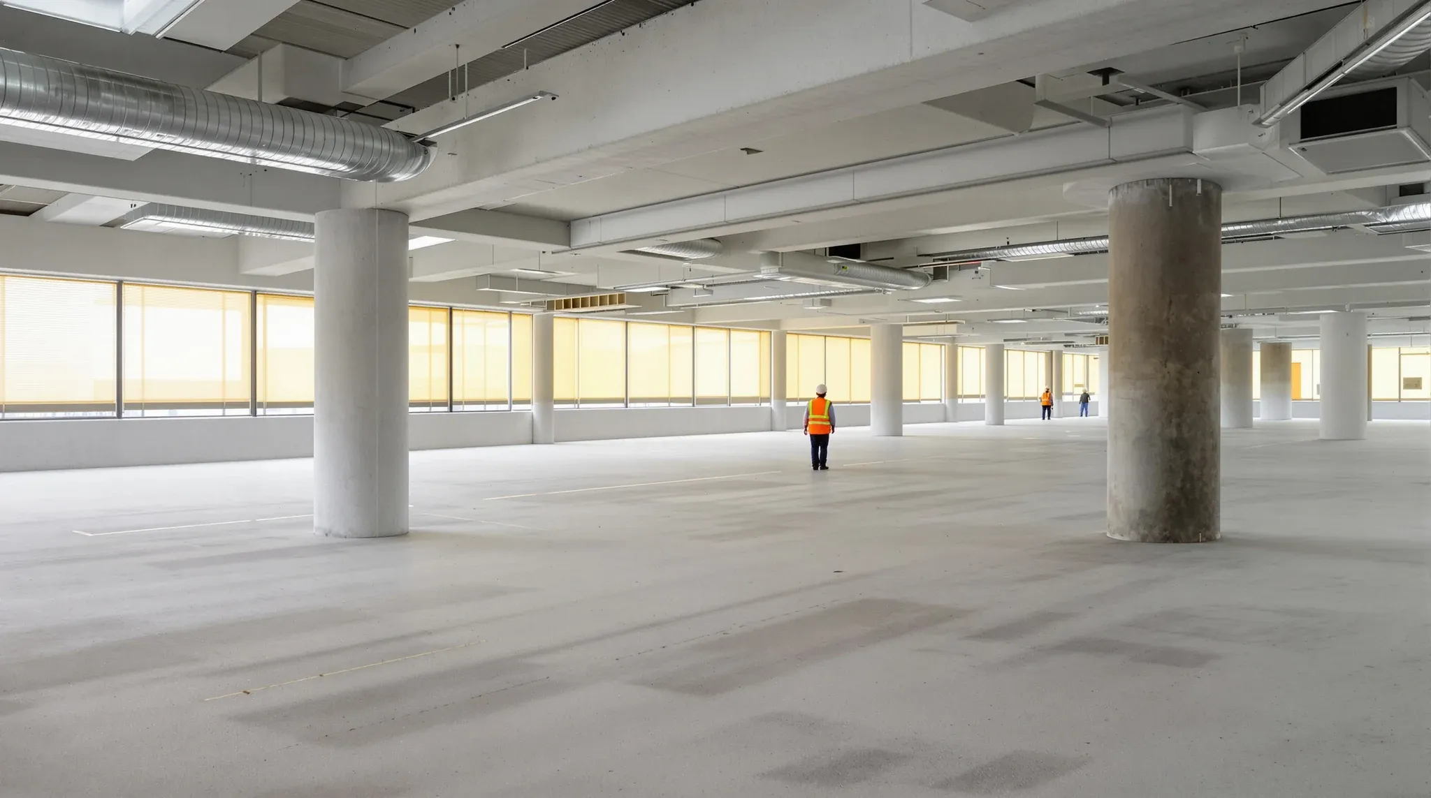 A stripped office floor ready for a new fitout, with one person in hi-vis looking across it from behind