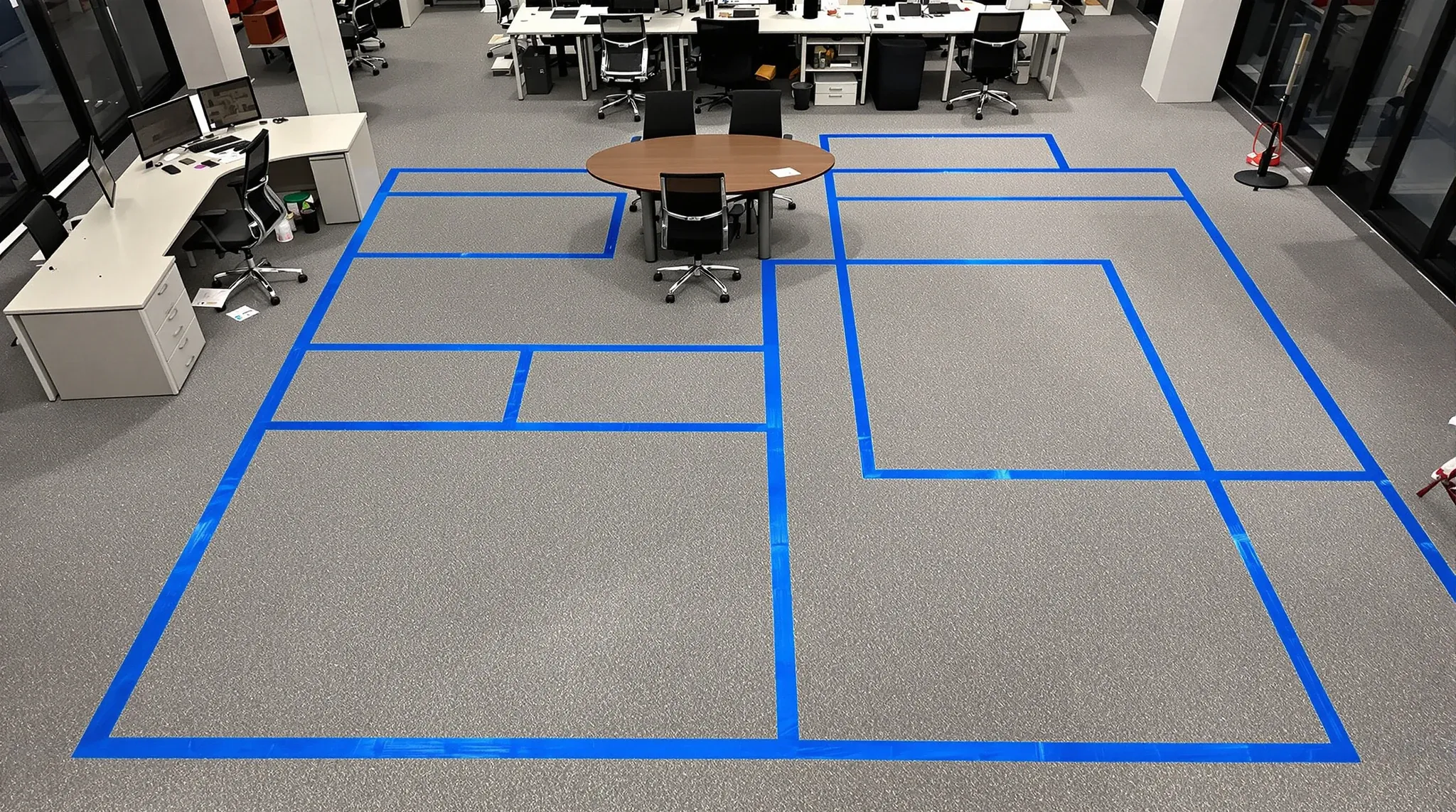 Tape outlines of proposed rooms marked on the carpet of an existing office to test their size