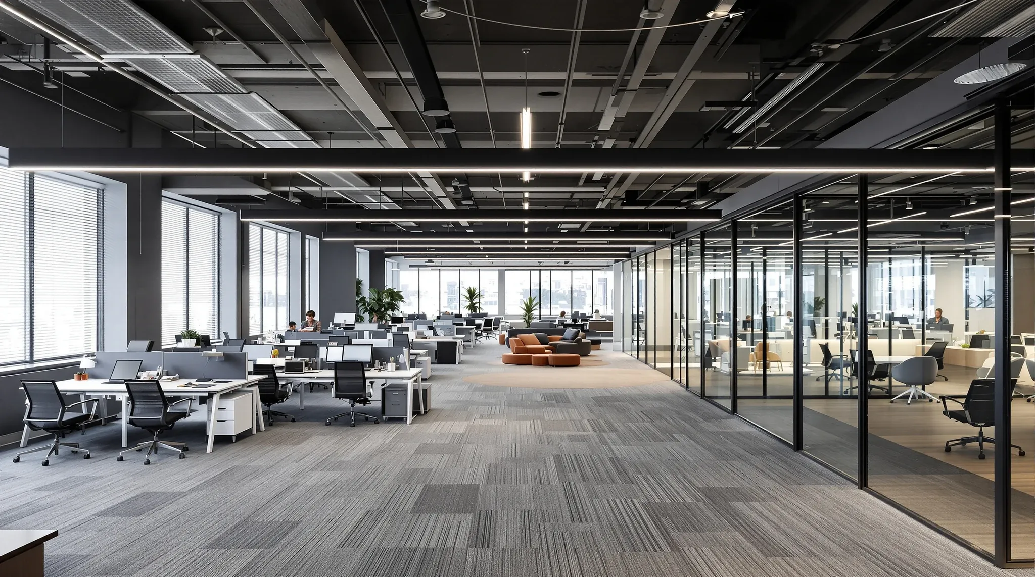 A wide view across a finished modern Sydney office floor with several fitout elements