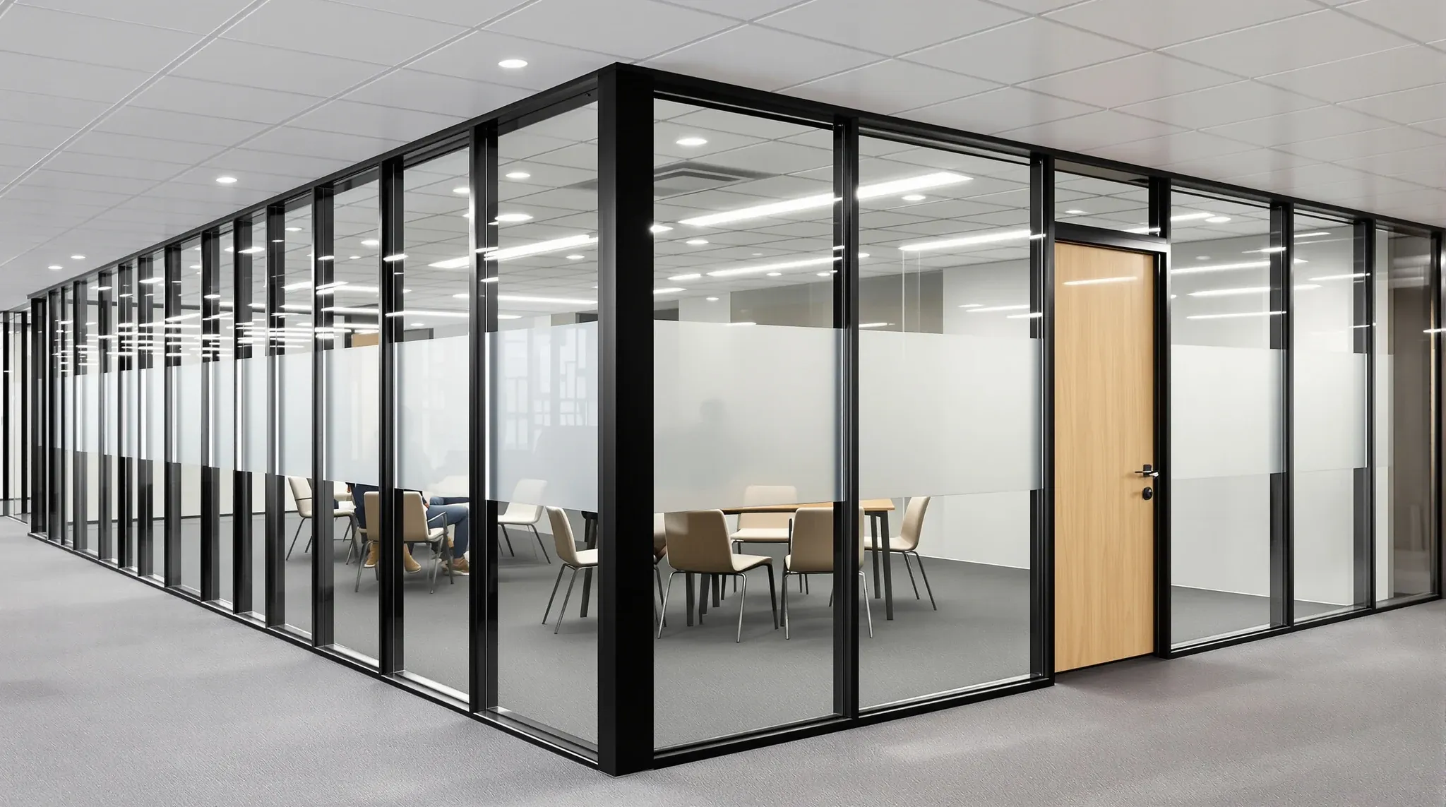Looking along a black-framed glass meeting room with a thin frosted strip, a meeting blurred inside