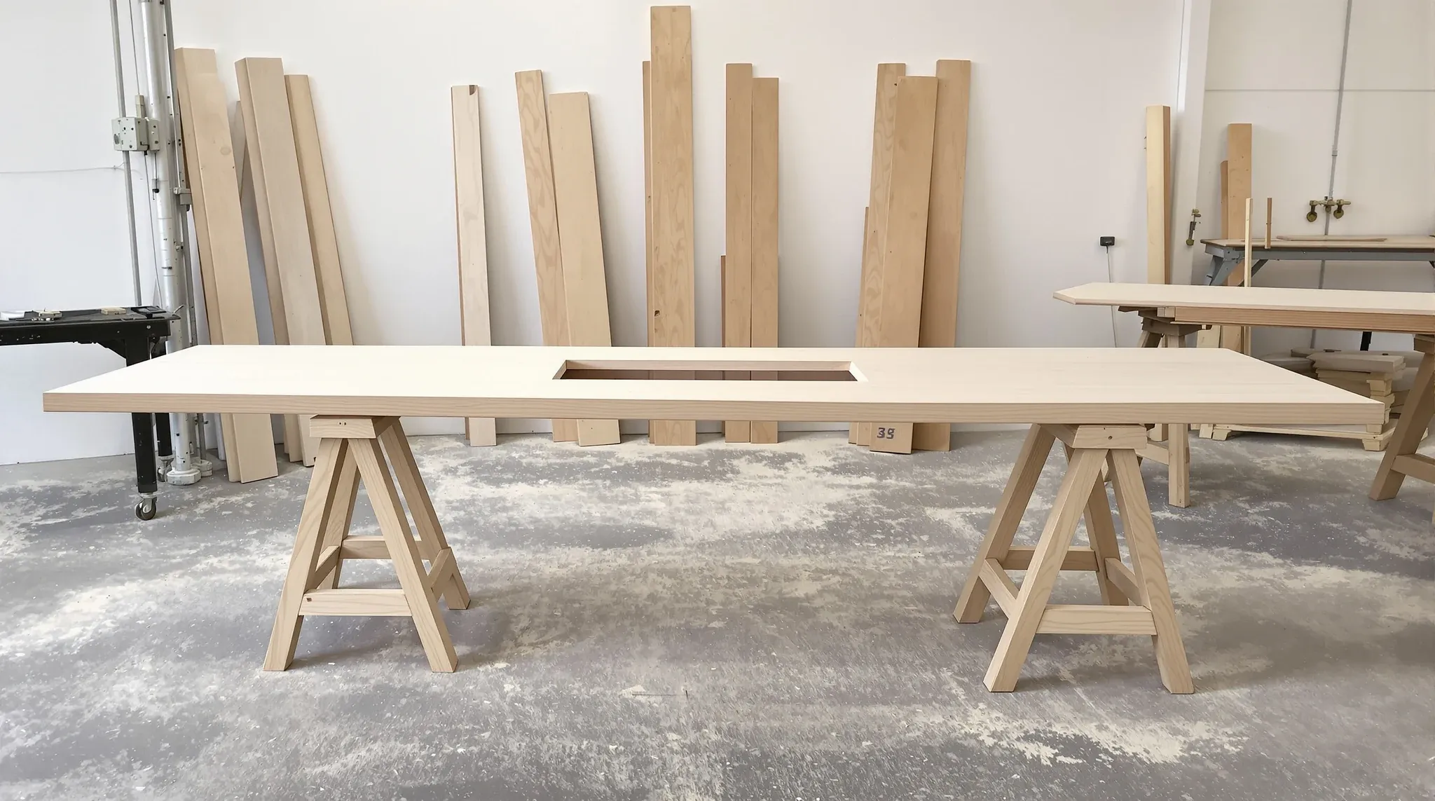 A long timber boardroom table top resting on two trestles in a furniture workshop