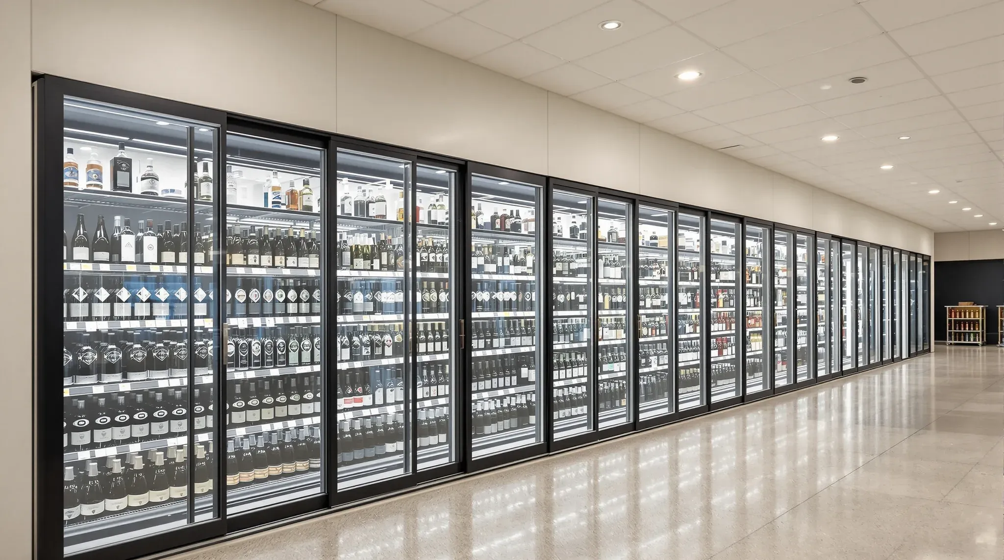Bottle shop with a long row of lit glass cool room doors under a suspended ceiling, on a polished concrete floor