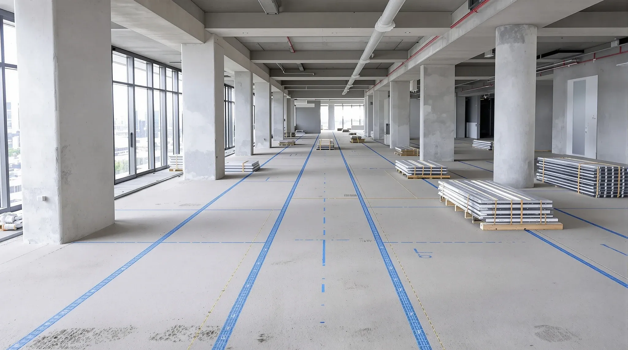 Steel floor tracks set out along chalk lines on the bare concrete slab of an empty office floor