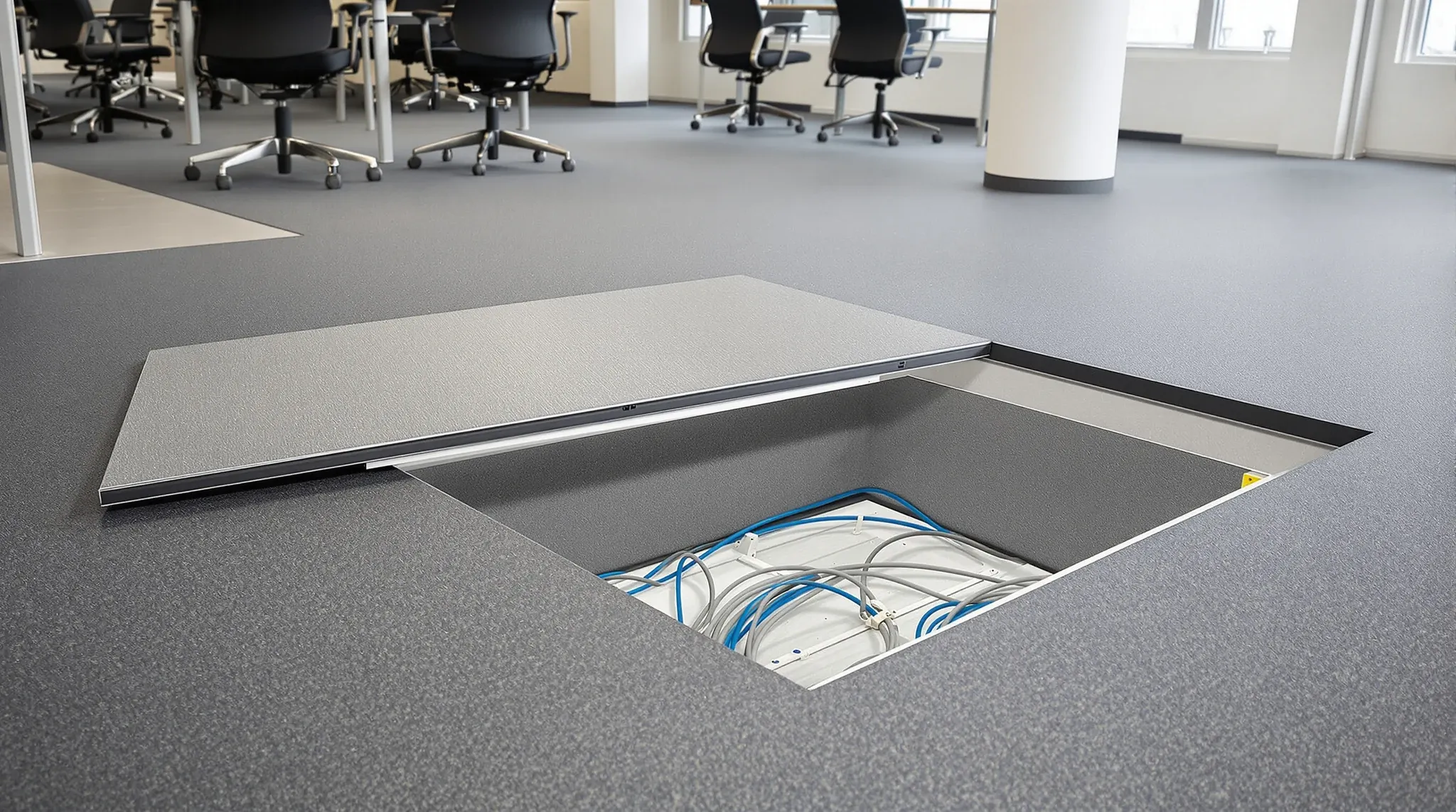 A lifted raised floor panel revealing steel pedestals and cabling in the floor void