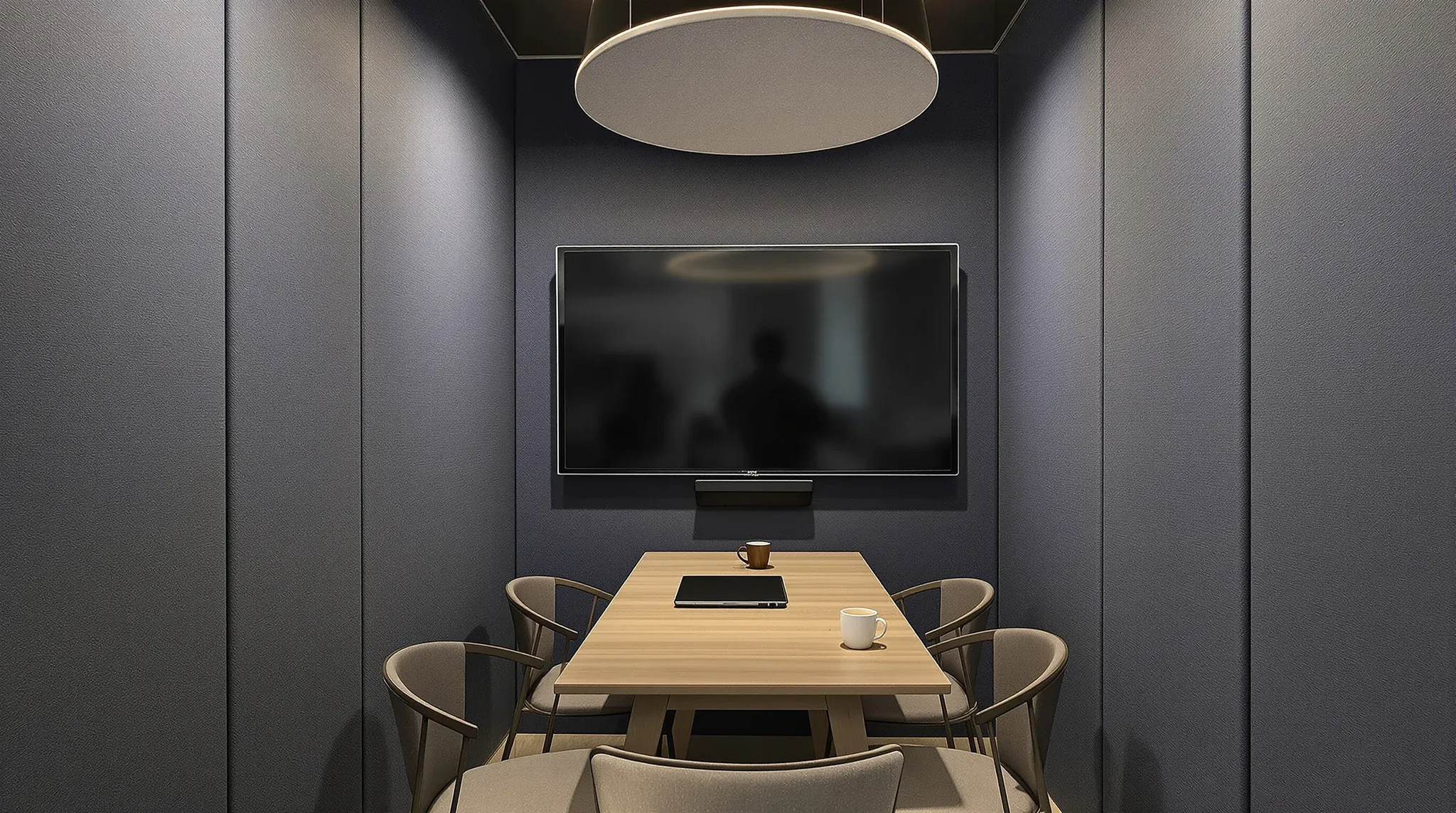 A small video meeting room with a dark screen, blue acoustic walls and a felt ceiling baffle