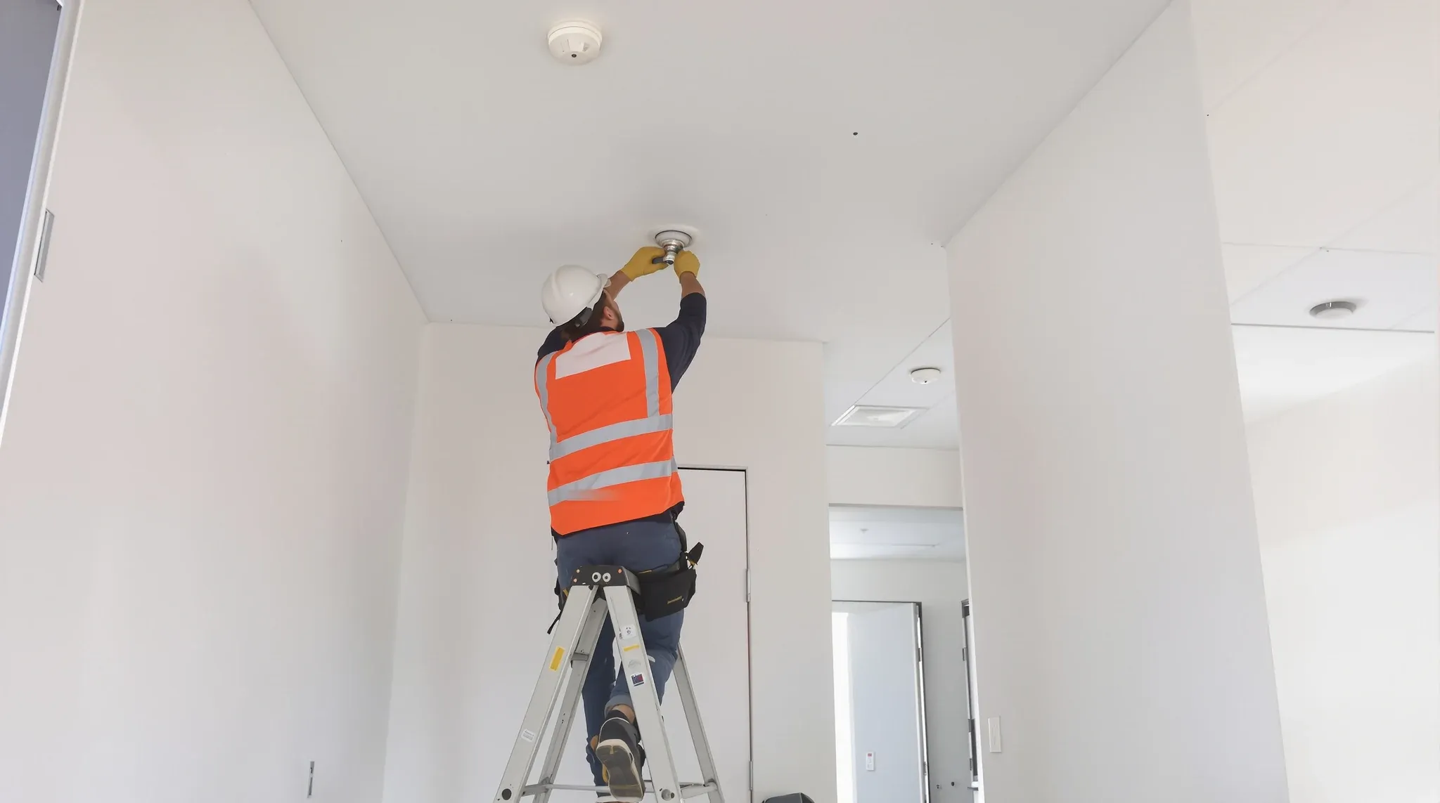 A contractor fitting a new sprinkler head in the ceiling of a newly built office room