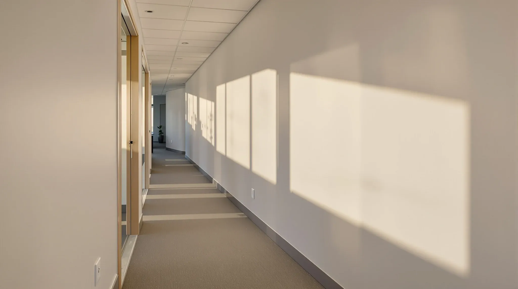 Low sun raking along a smooth painted plasterboard wall in an office corridor