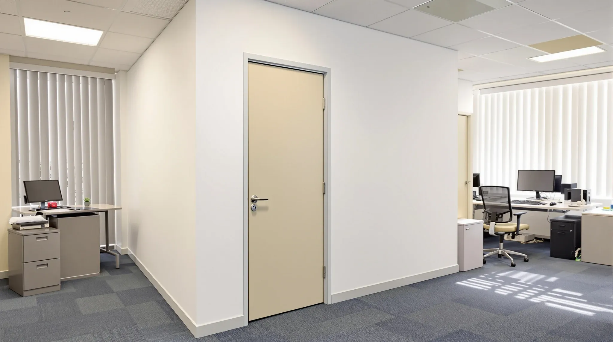 A new white-walled private office with a timber door built into the corner of a dated office