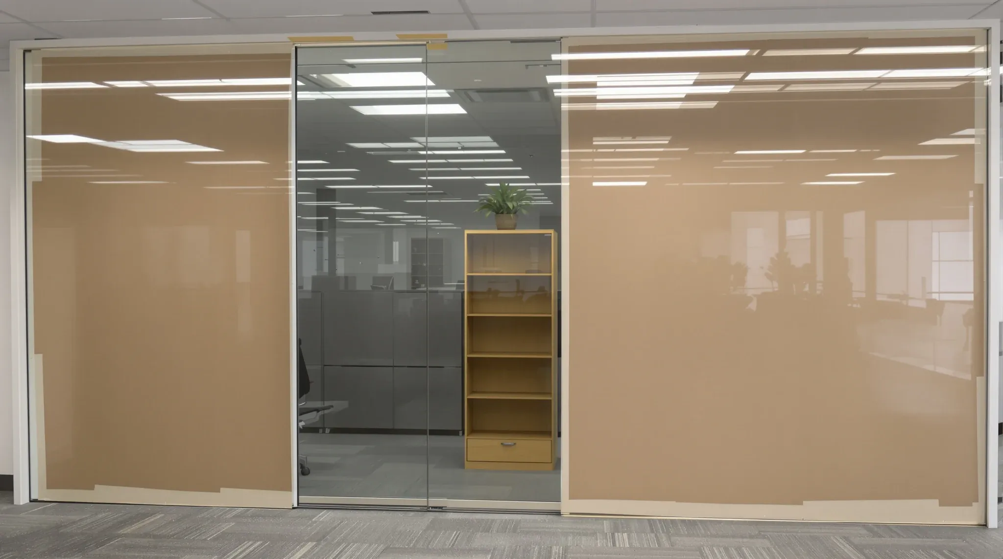 A glass-walled office with brown paper taped over the lower glass and a bookcase pushed against it