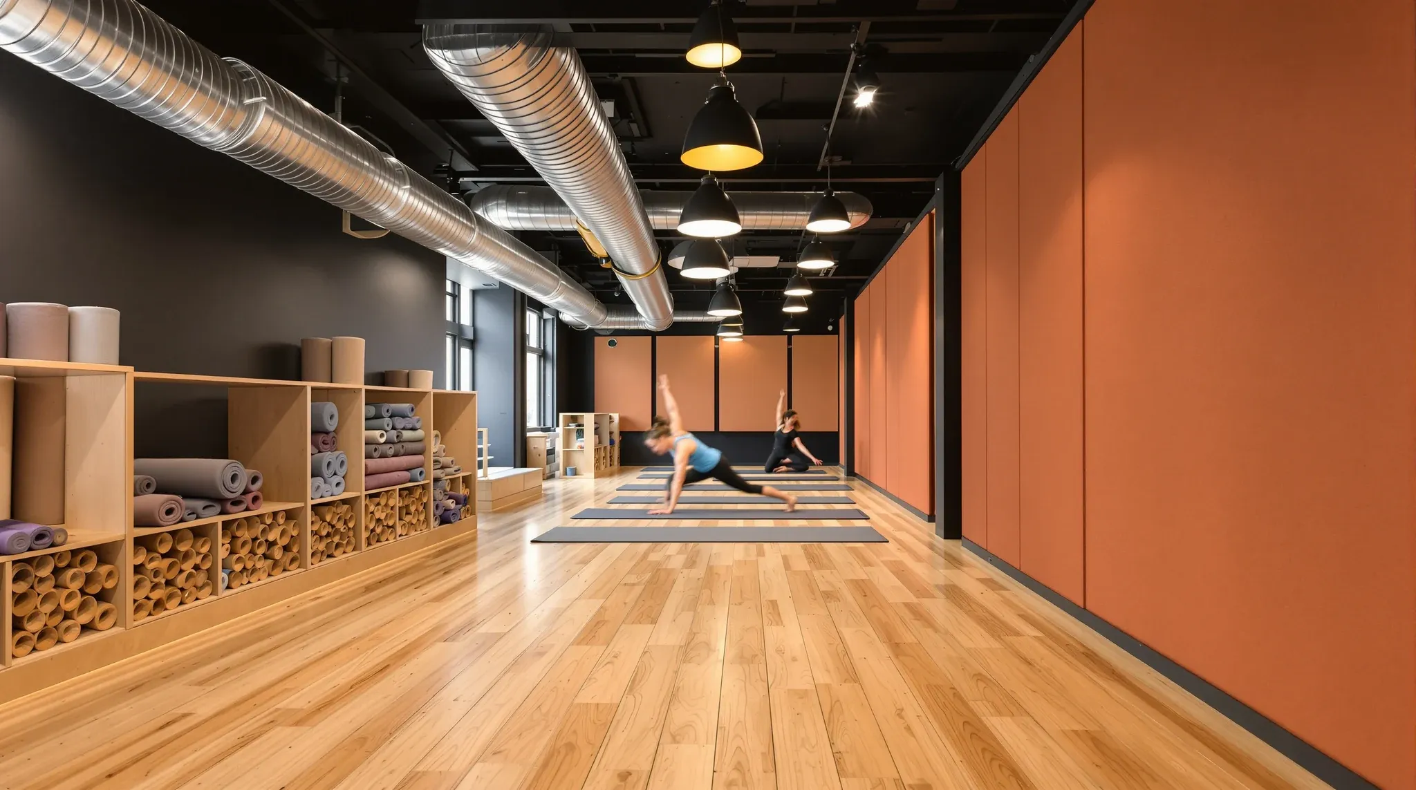 A group fitness studio with a timber sports floor and exposed spiral ductwork