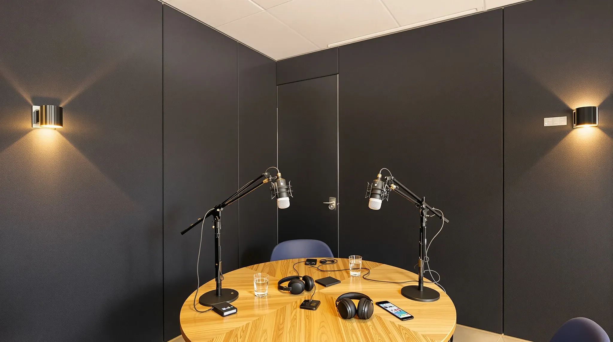Finished podcast recording room in an office with microphones on a table, wall panels and a sealed acoustic door