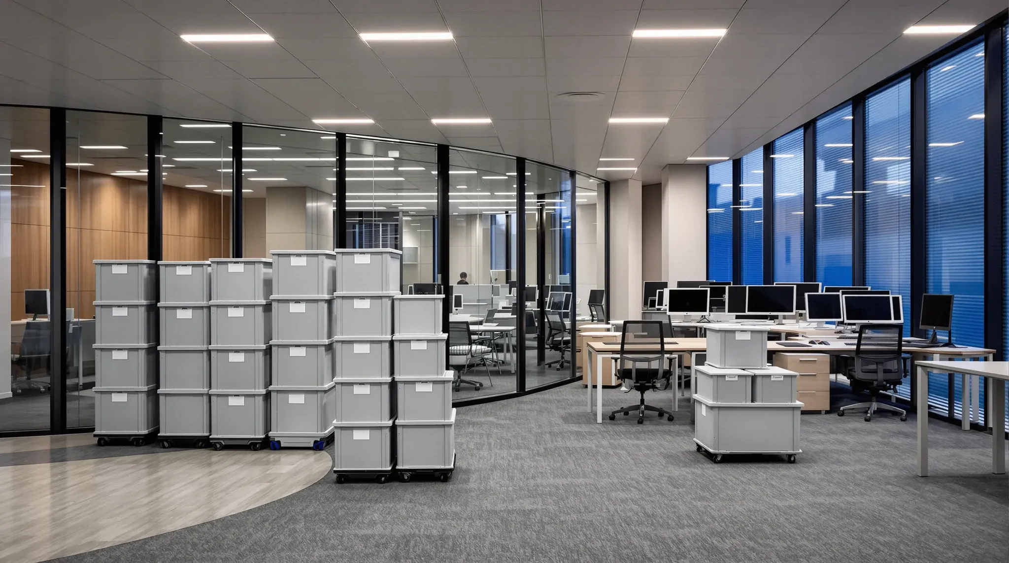 An office in the week before a move, with grey crates stacked a few high on cleared desks and dollies