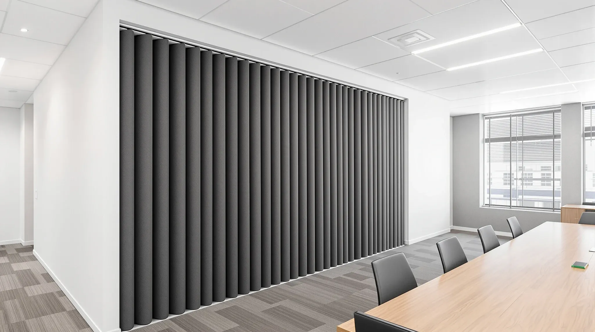 Operable wall panels stacked in a recessed bay beside a boardroom with the ceiling track overhead