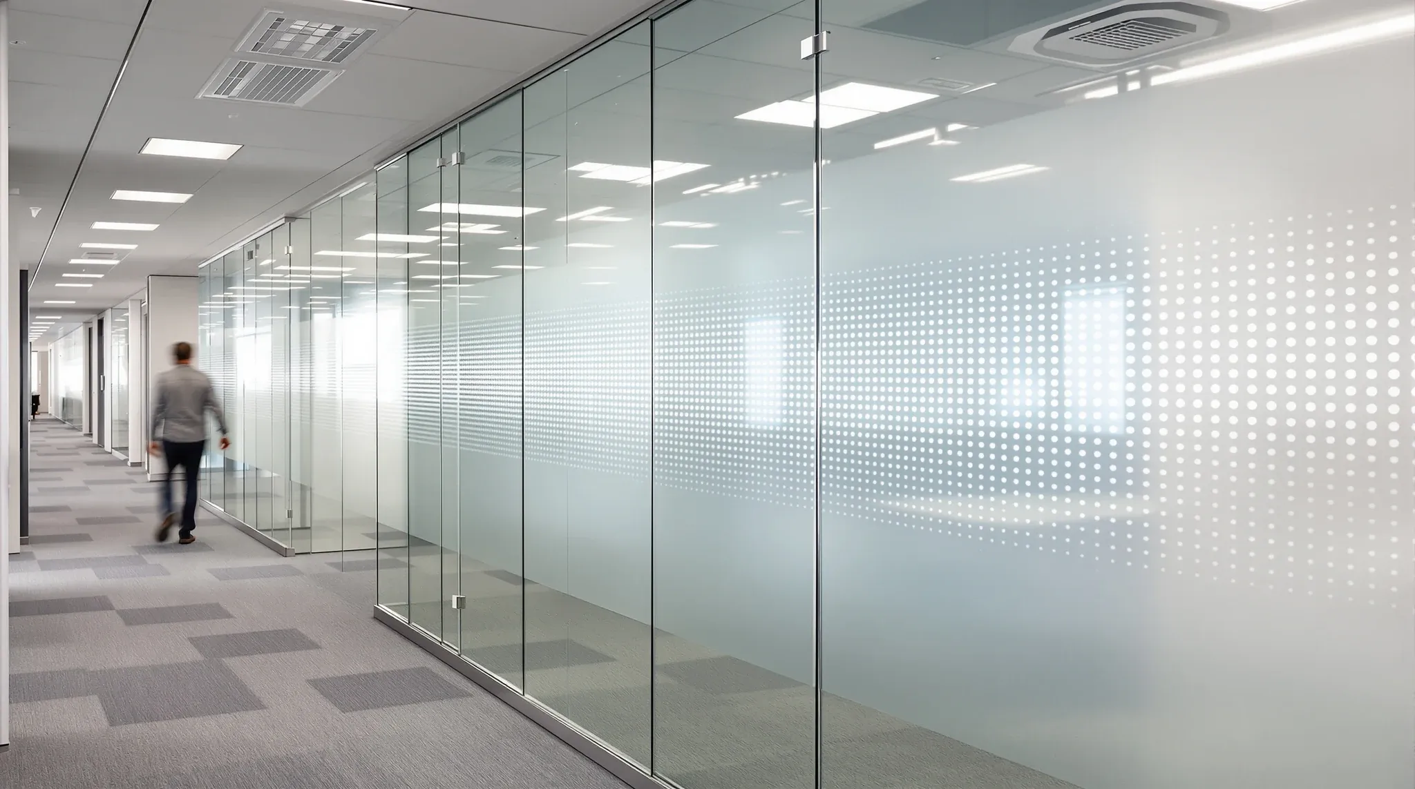 A clear glass wall along a corridor marked with a band of small frosted dots, a person walking past