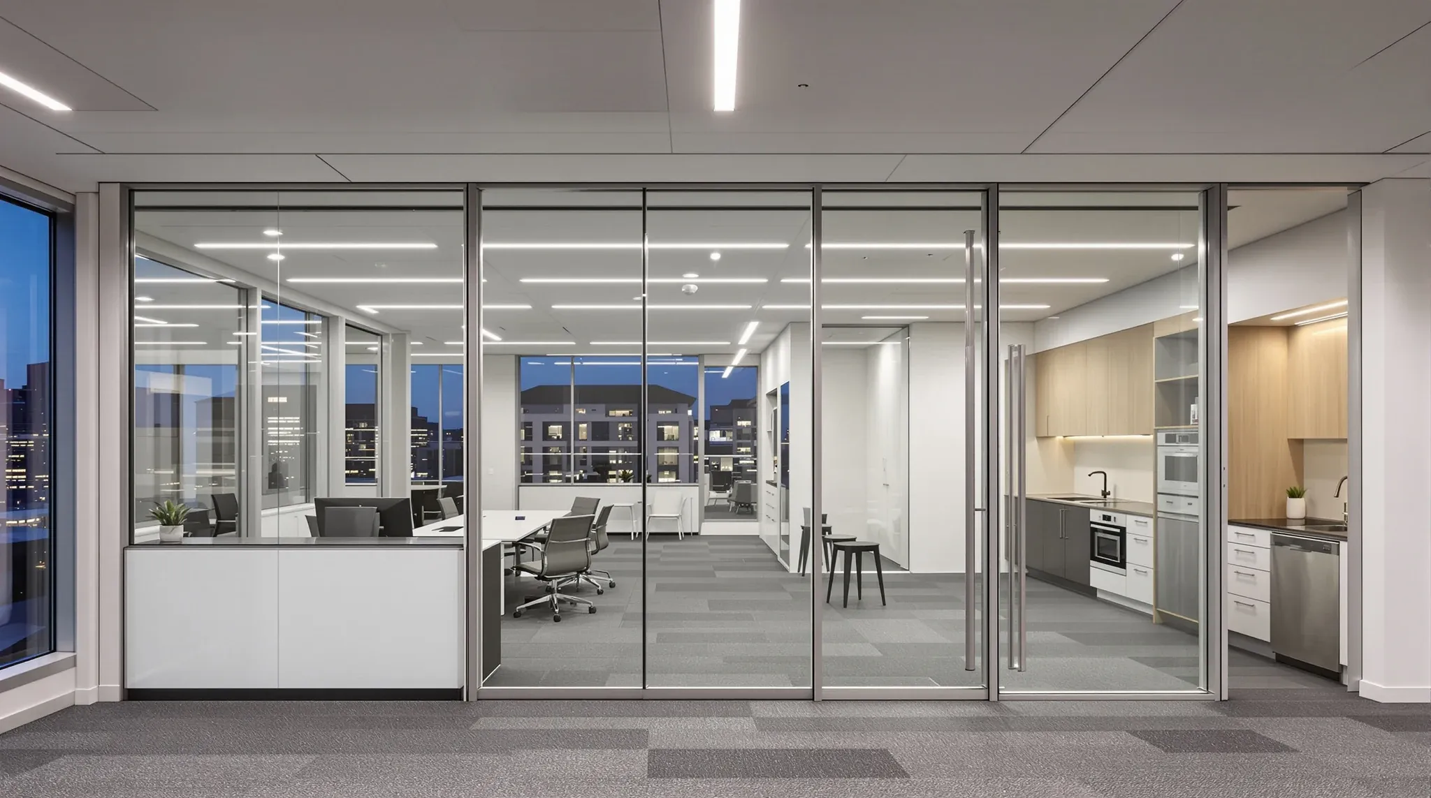 A compact office where a small reception opens straight onto a tight bank of desks and two meeting rooms