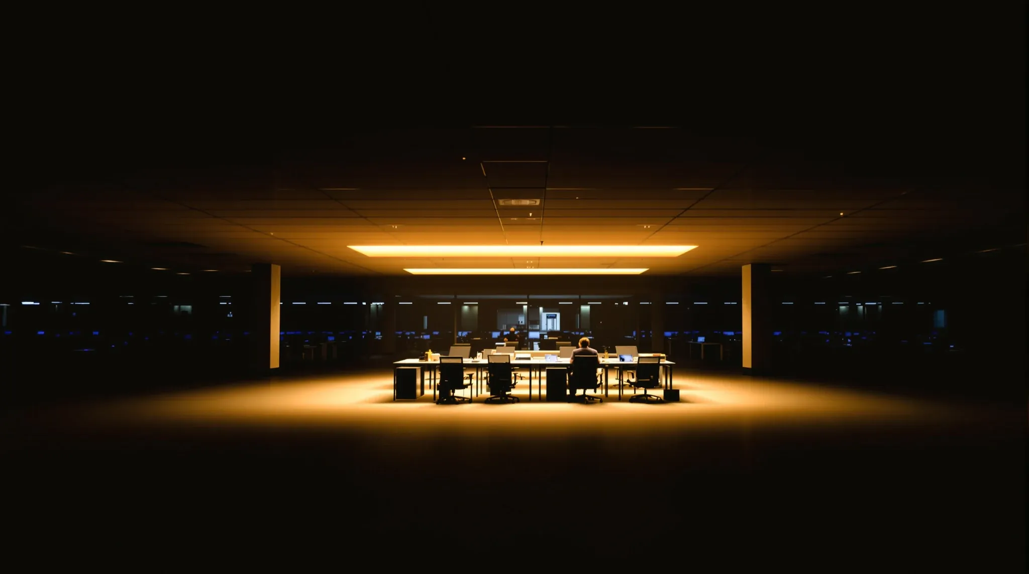 A dark office at night with one group of desks lit from above and one person working there