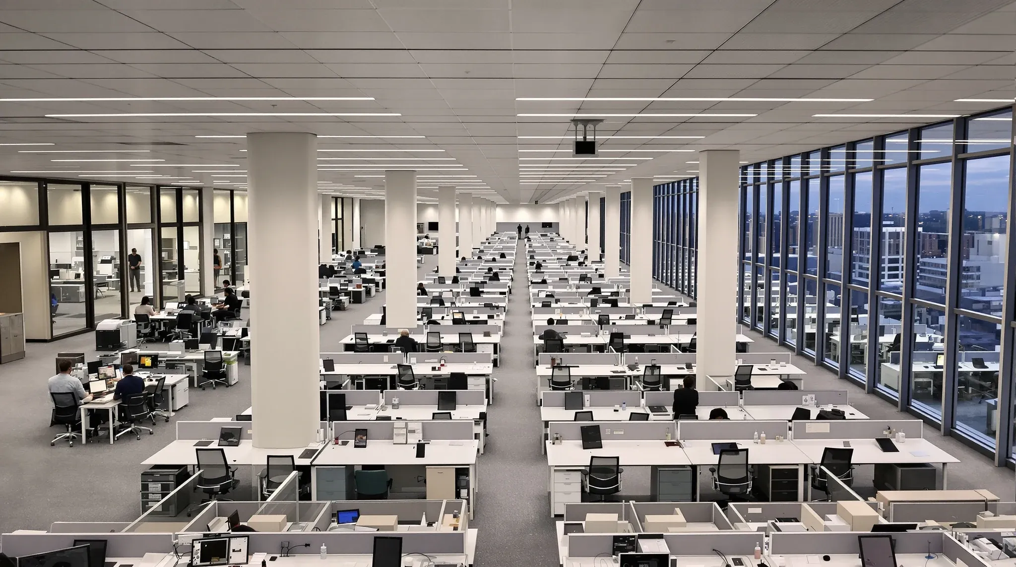 A very large open office floor with long rows of desks under a grid of ceiling lights