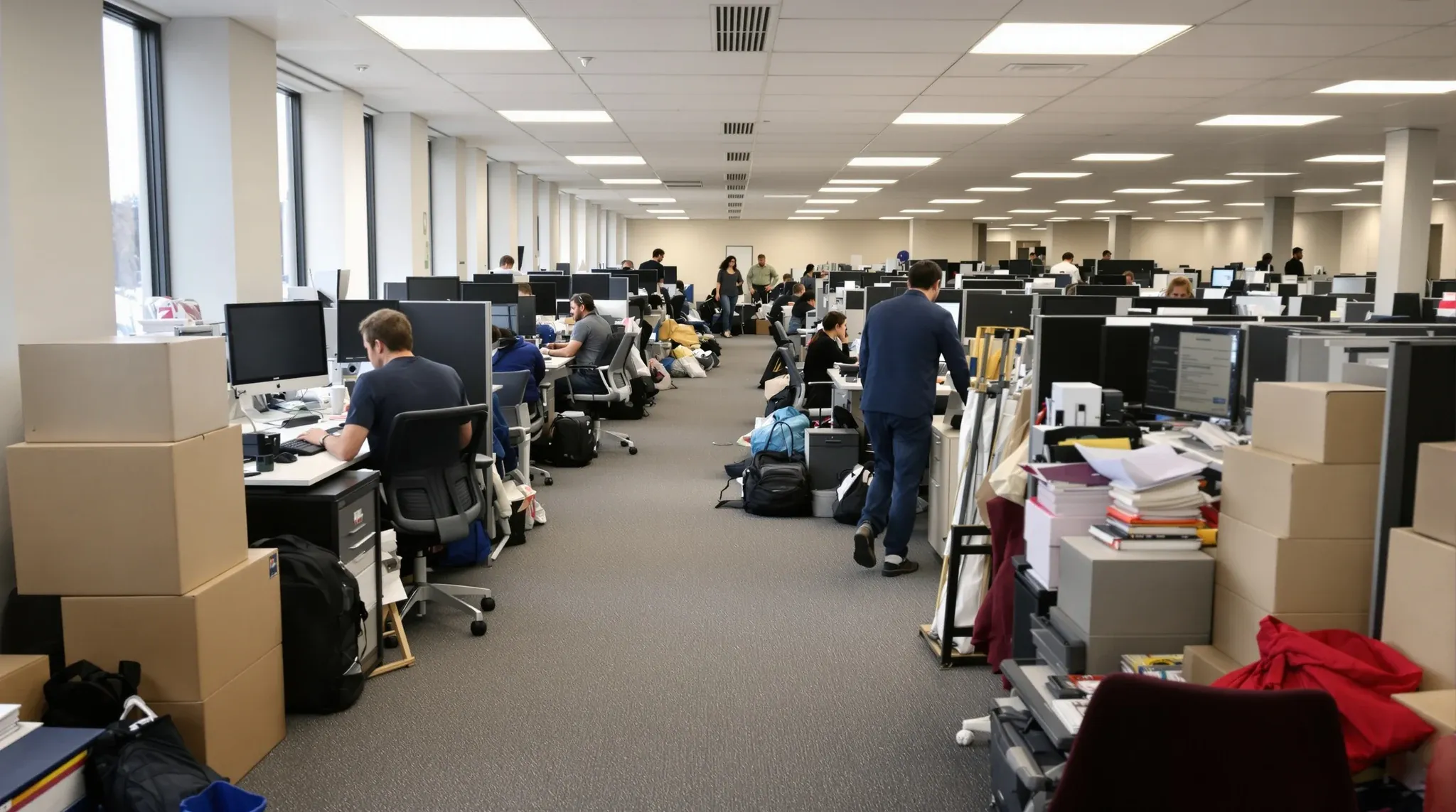 An existing office where extra desks have been squeezed in along the windows as the team has grown