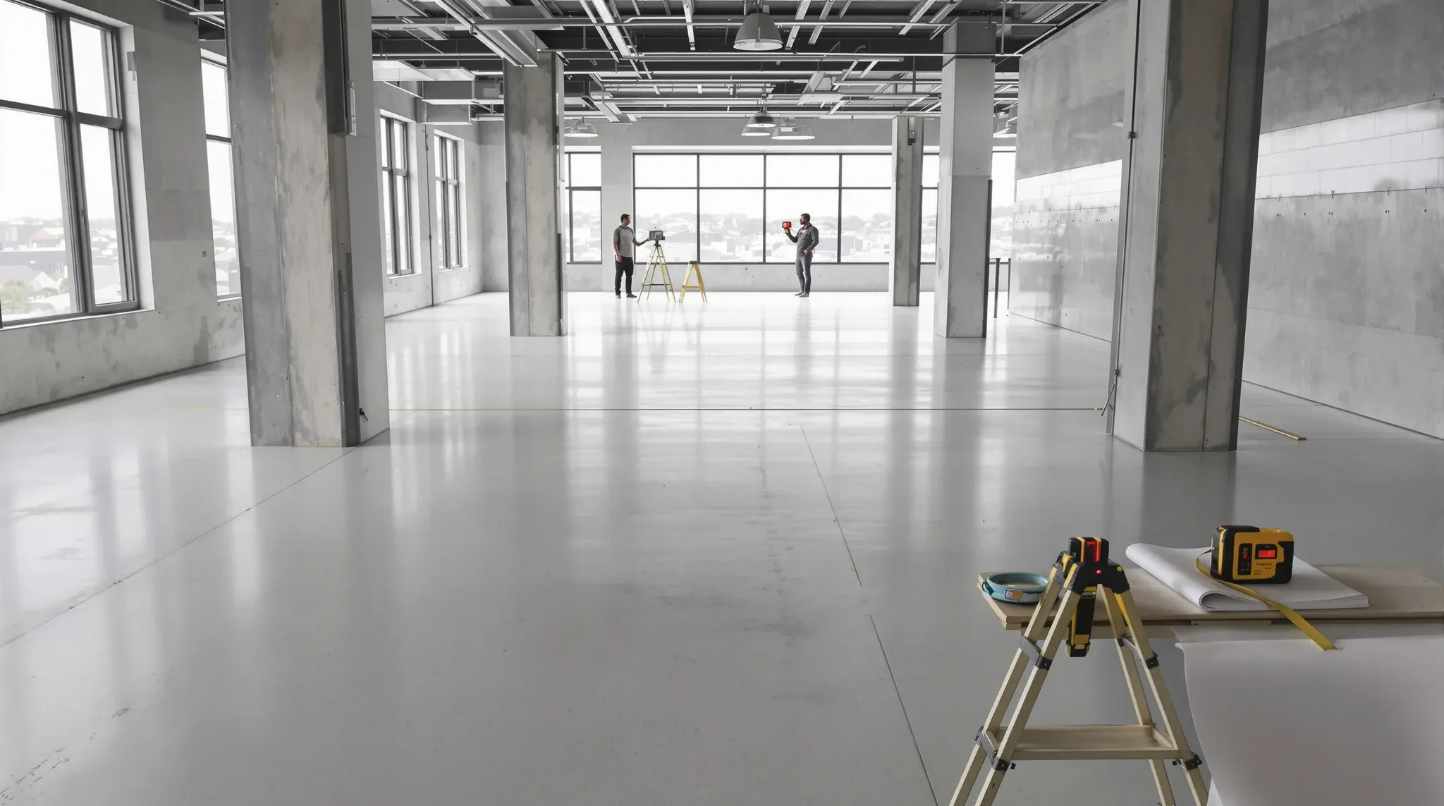 A person measuring a bare stripped commercial floor early in fit-out planning