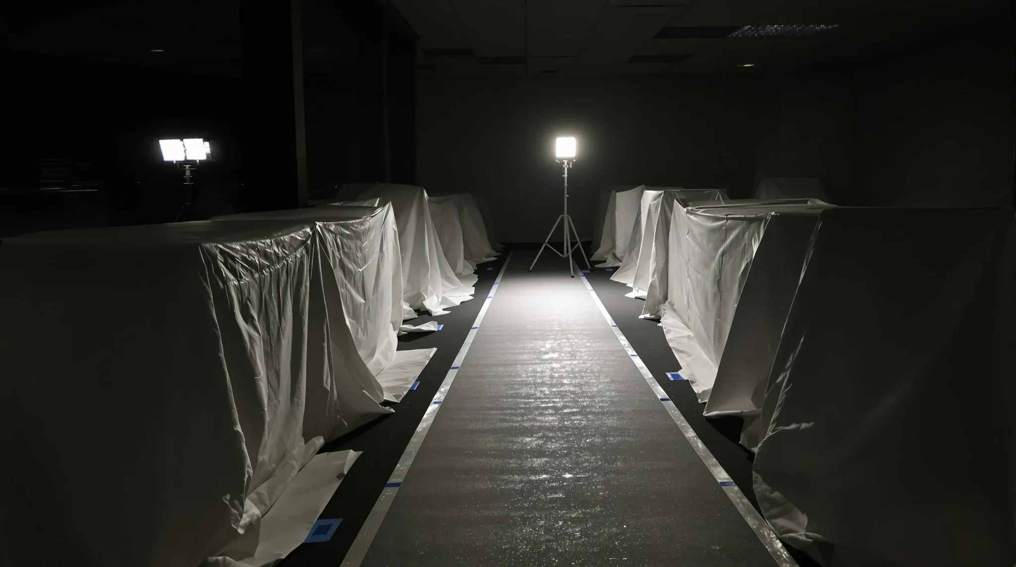 An office at night with drop sheets over desks and a floor protection path lit by one work light