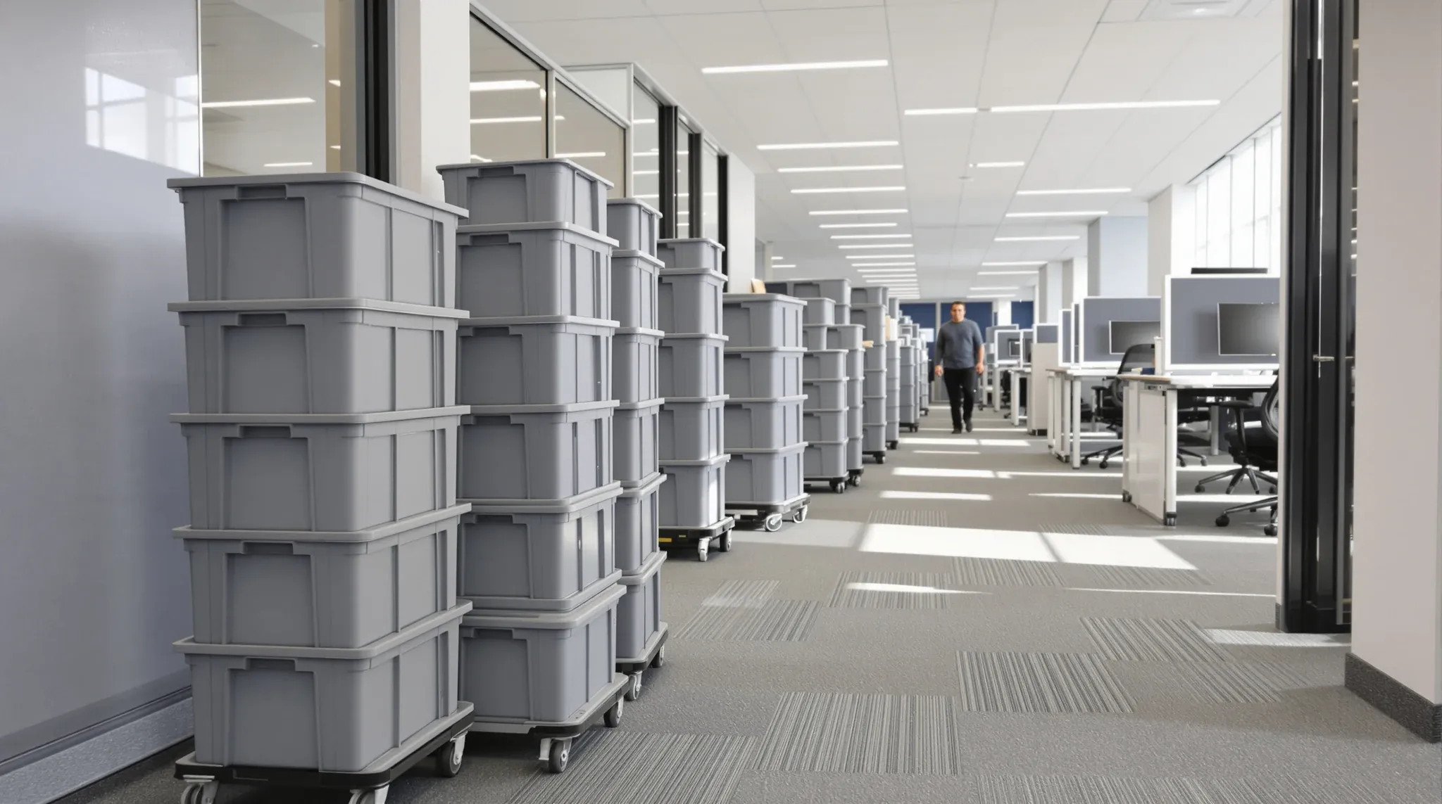Grey moving crates stacked on dollies between new workstations on move-in morning