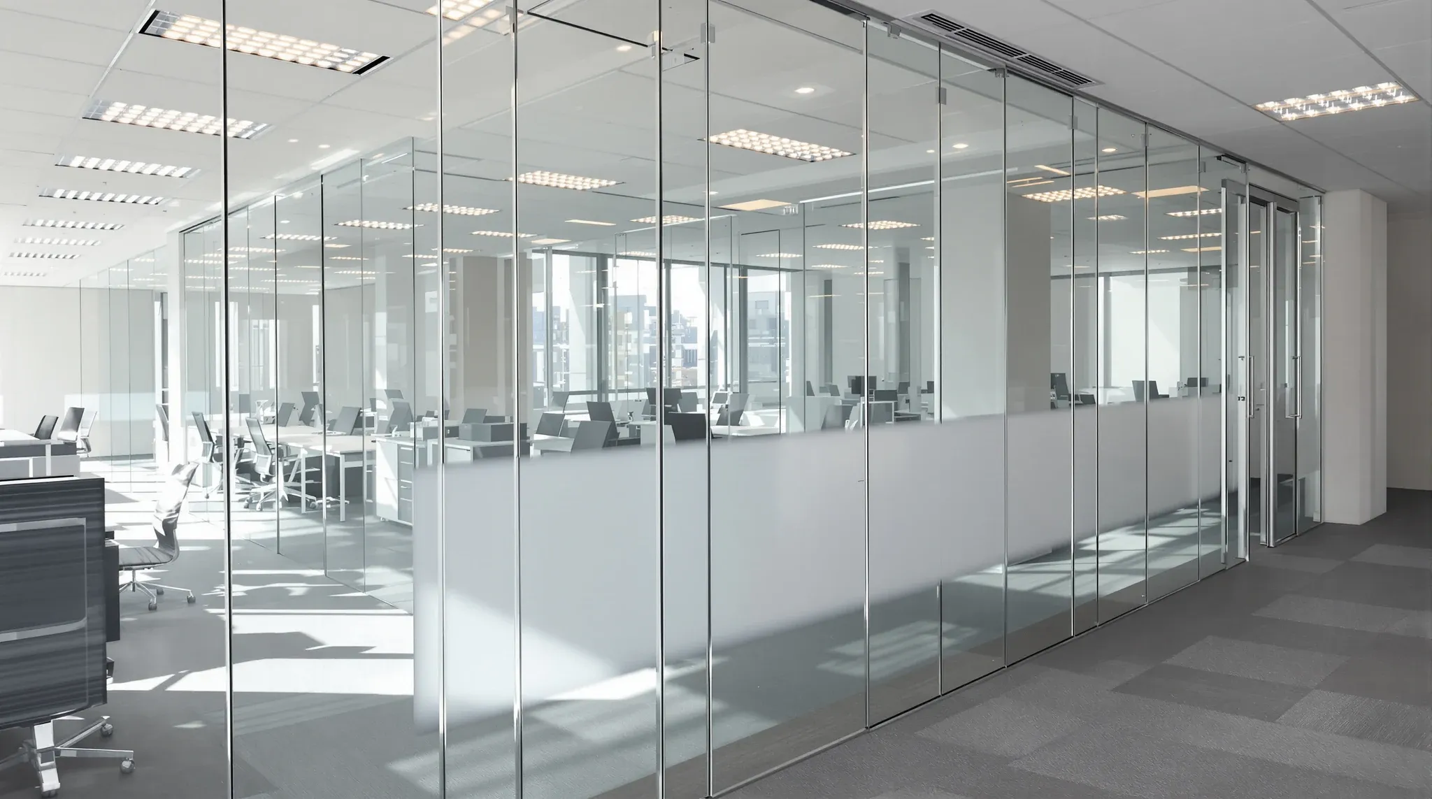 One panel in a glass office partition wall temporarily boarded while it is replaced