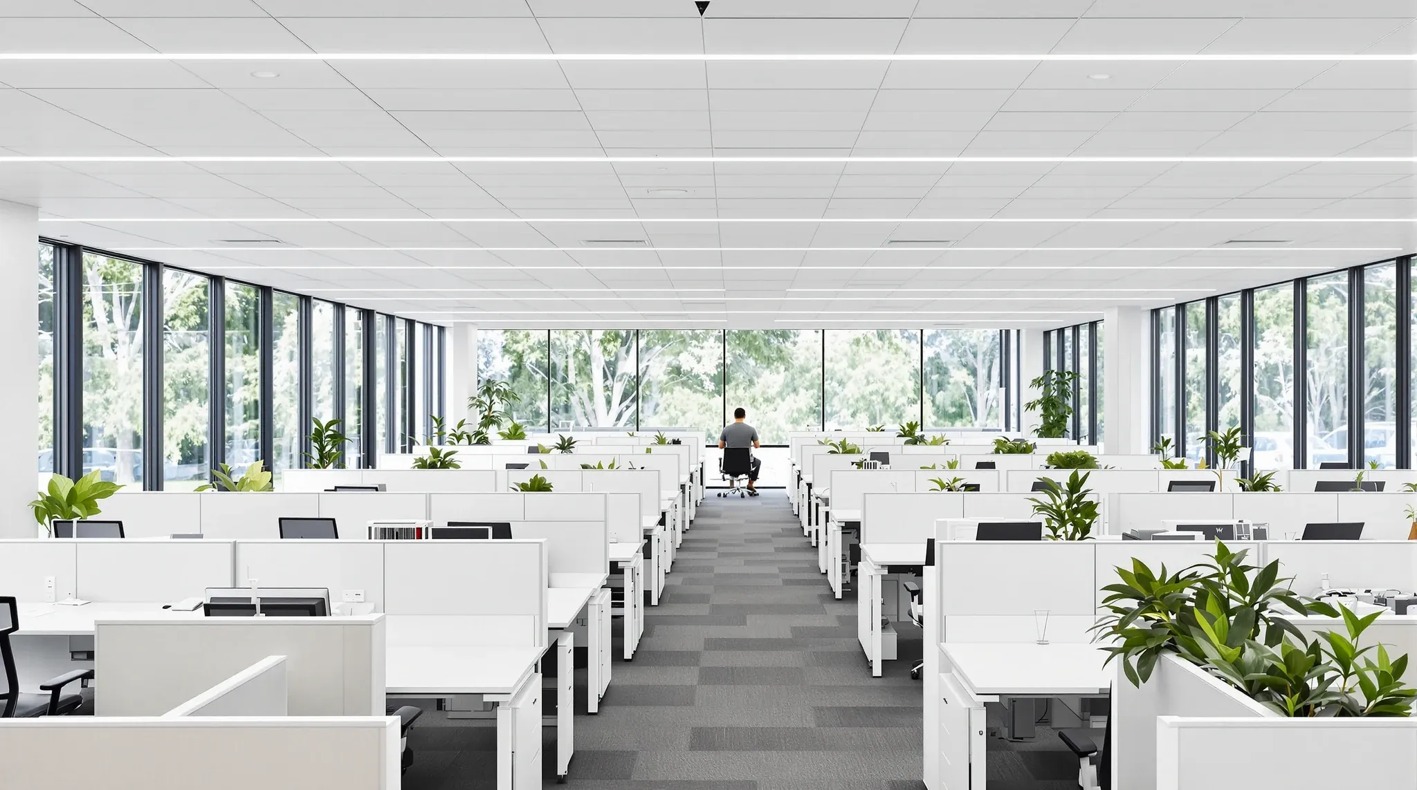 A campus office floor with rows of workstations, two rows set up and left empty for growth